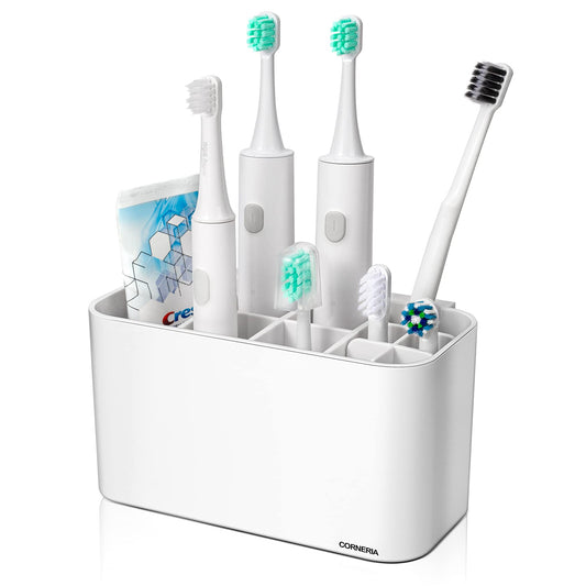 CORNERIA Toothbrush Holder - Bathroom Wall Mounted Toothbrush Caddy - Toothpaste Stand (4 Toothbrush slots + 6 Electric toothbrush heads) (White) White