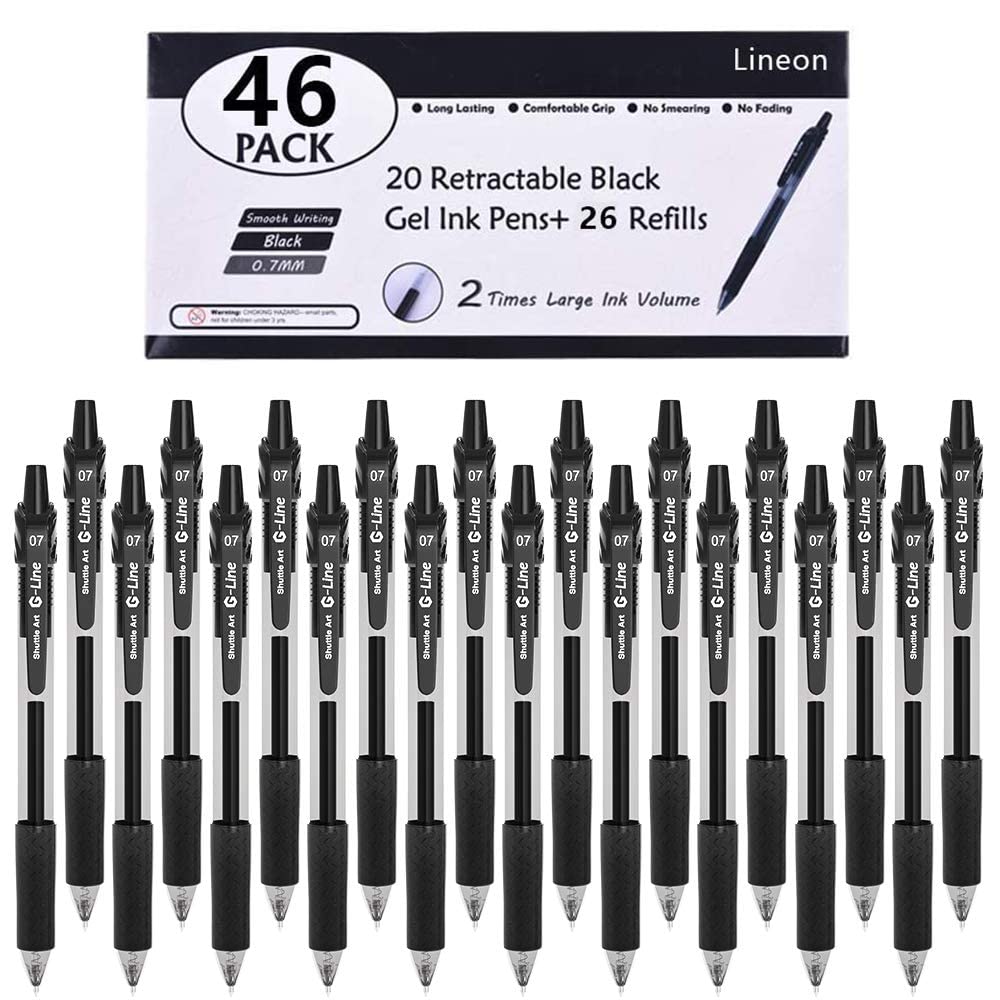 Black Gel Pens, 46 Pack (20 Gel Pens with 26 Refills) Lineon Retractable Medium Point Gel Pens Smooth Writing with Comfortable Grip for Office School