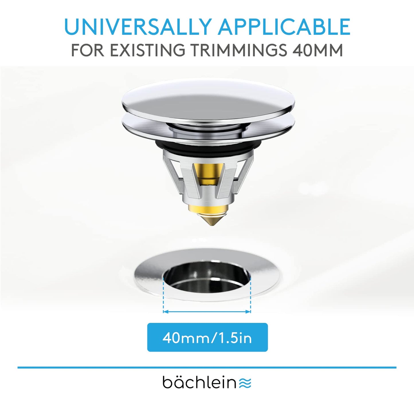 Bächlein Universal Pop Up Washbasin Plug - Chrome Drain Strainer for Washbasins - 40mm Drain Valve Plug with Hair Strainer Chrome avec fonction pop-up