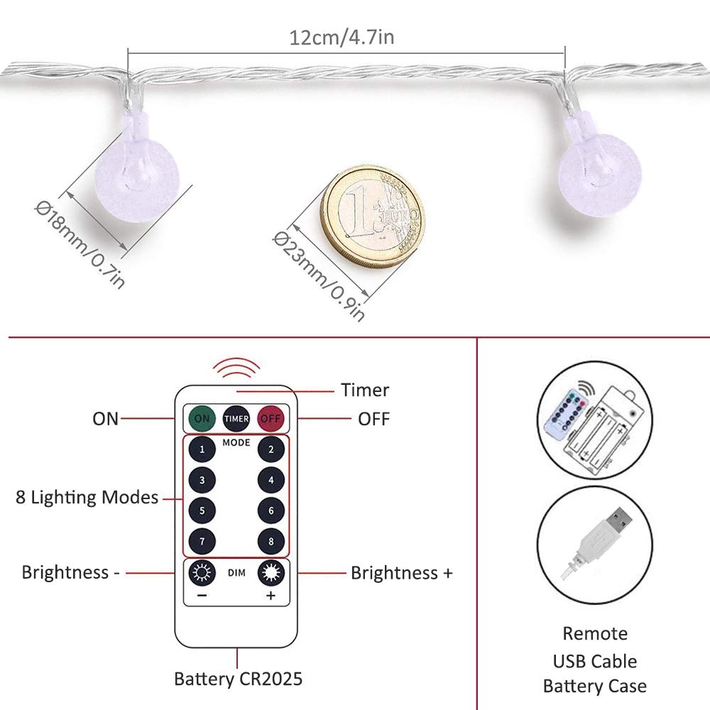 Zorela Globe String Lights, 15M/49ft 100 LED Fairy Lights Battery or USB Powered, 8 Modes Christmas Lights Outdoor Indoor with Remote & Timer for Home, Balcony, Patio, Gazebo and Garden