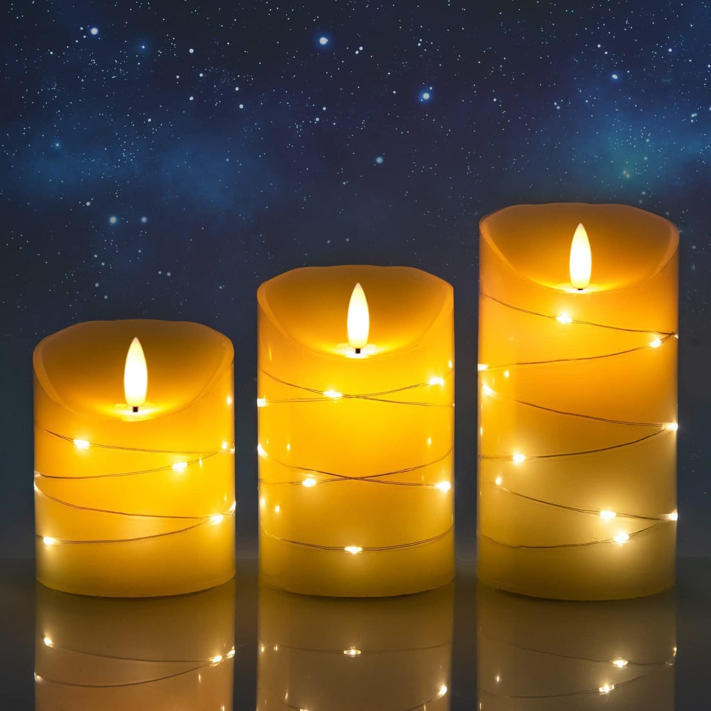 flameless Candle, with Embedded Fairy String Lights, 3-Piece LED Candle, with 10-Key Remote Control, 24-Hour Timer Function, Dancing Flame, Real Wax, Battery-Powered. (Ivory White) 3 X3String Lights