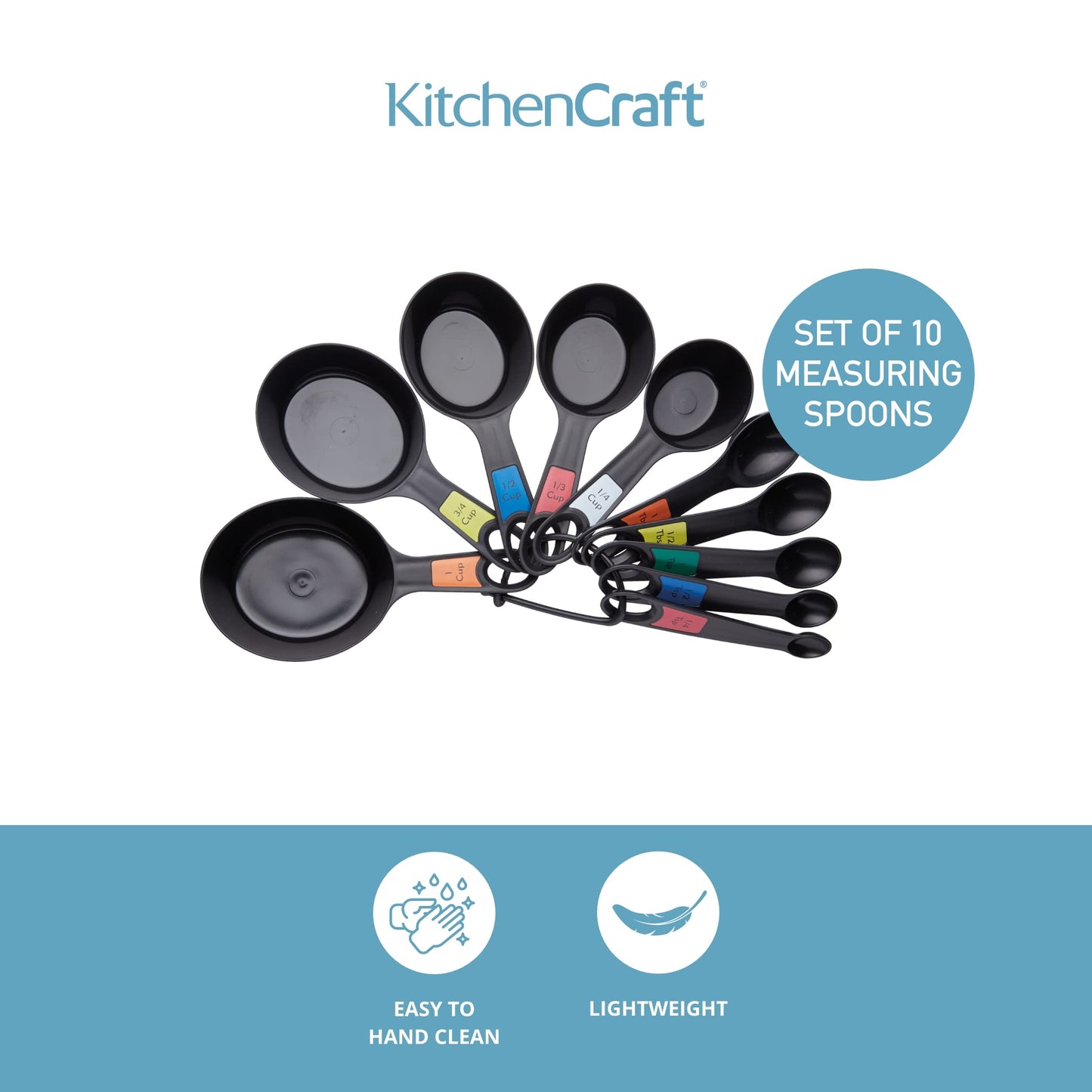 KitchenCraft Universal Measuring Spoon Set, Teaspoons and Tablespoons for Measuring Dry and Liquid Ingredients, Black, Set of 10 Single