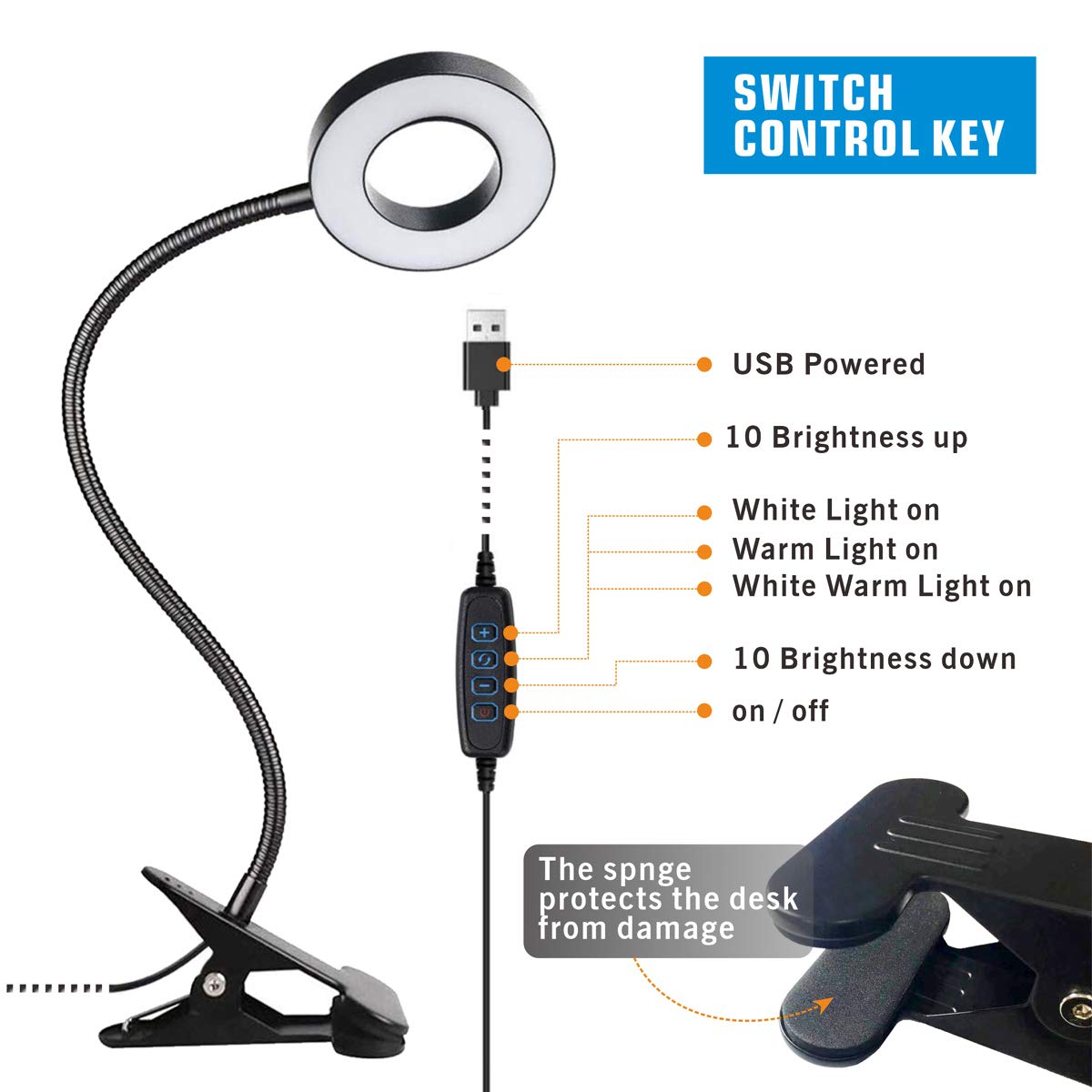 KNAMKY USB LED Desk Lamp Clip On Light, 3 Light Mode 10 Dimmable Brightness Eye Caring Book Adjustable for Reading Studying Working Video Conference Lighting (Black) Black