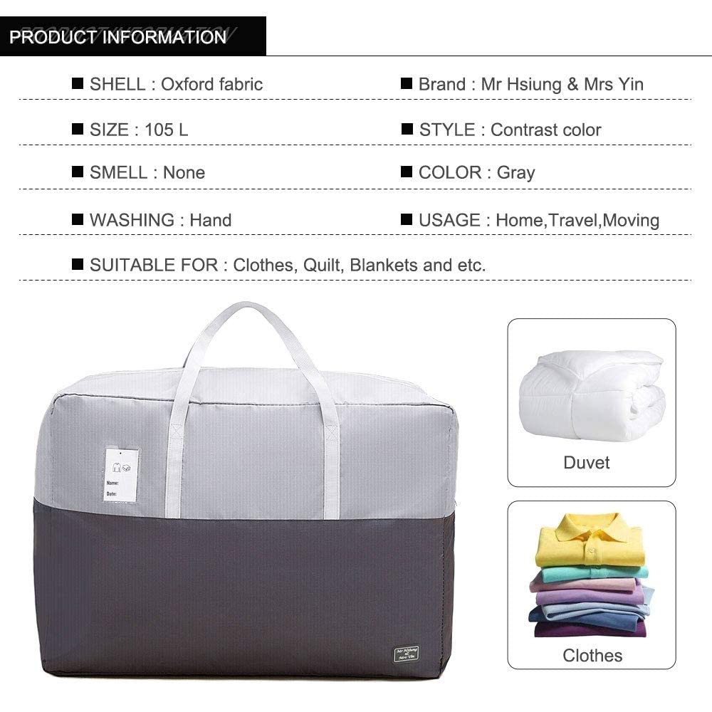 105L Clothes Storage Bags with Zips, 2 PCS Oxford Cloth Duvet Storage Bag King Size, Breathable Underbed Storage Bags for Clothes, Quilt, Blankets, Bedding, Sturdy Large Storage Bags, No-Smell 105L Dark/Light Gray