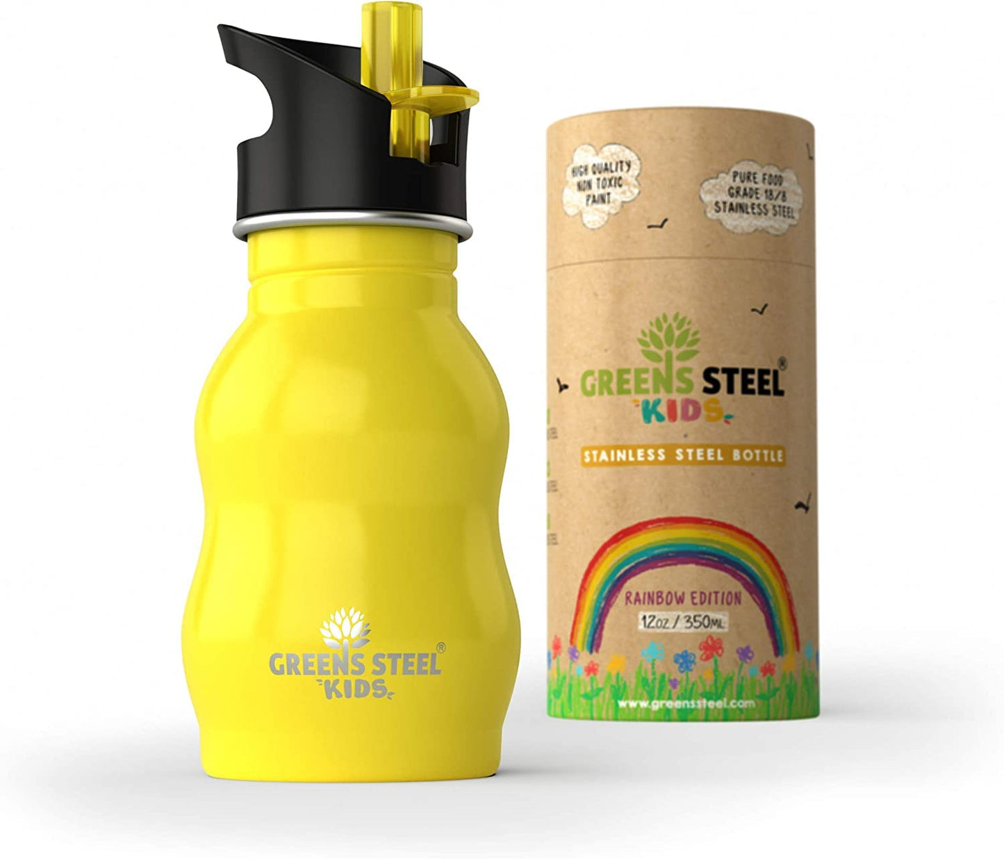 Kids Water Bottle - 350ml, Yellow | Stainless Steel | Upgraded Leak Proof Lid With Straw & Handle for Children | Easy Sip Toddler Cup | Eco Friendly Drinks Bottle | Great for a Lunch box or Gift