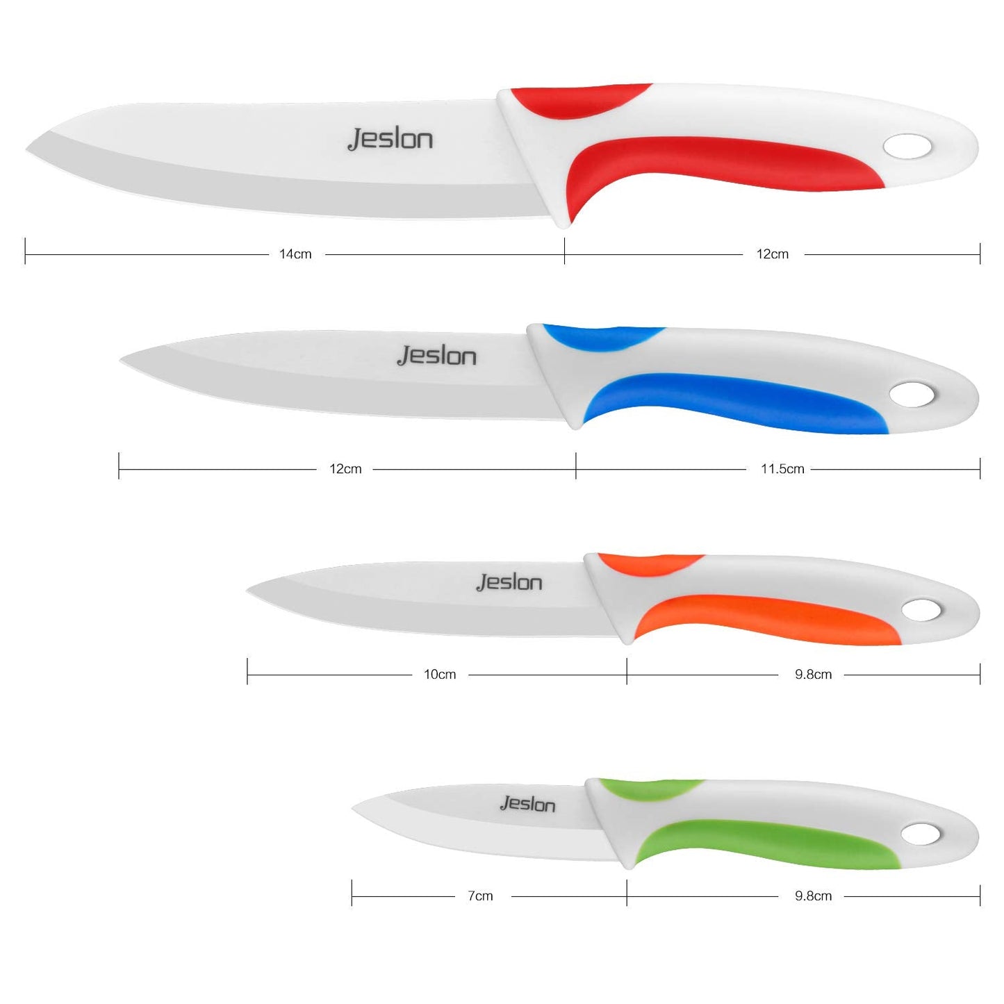 Jeslon Chef Knives Set, 4 Piece Multi Color Ceramic Knives, 3inch Paring Knife, 4inch Fruit Knife, 5inch Utility Knife, 6inch Chef Knife