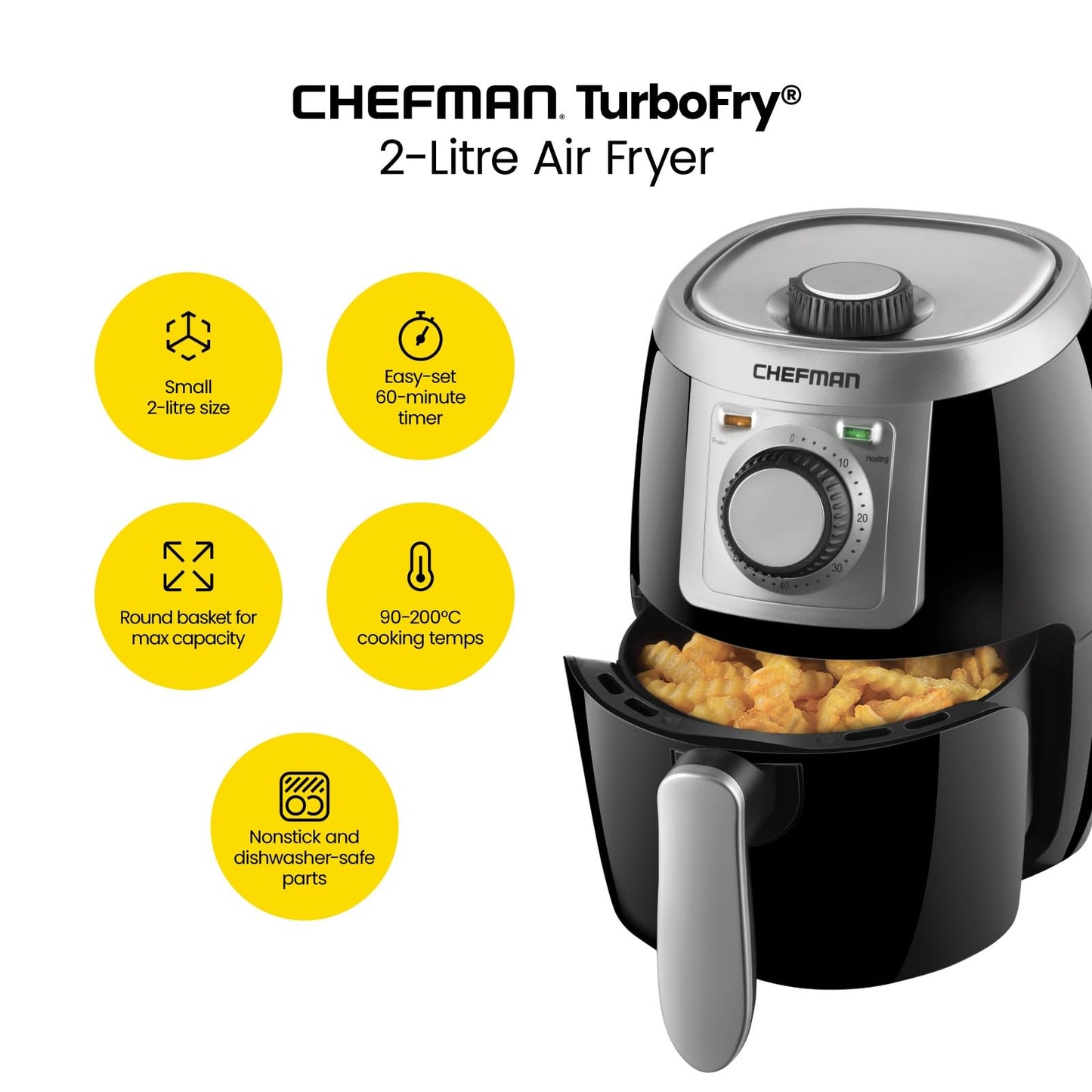 Chefman TurboFry 2-Litre Small Air Fryer, Compact Size, 1000W Power, Easy-Set 60-Minute Timer for Fast and Healthy Cooking, Uses No Oil, Nonstick Dishwasher-Safe Parts, Black Black - U.k. Version