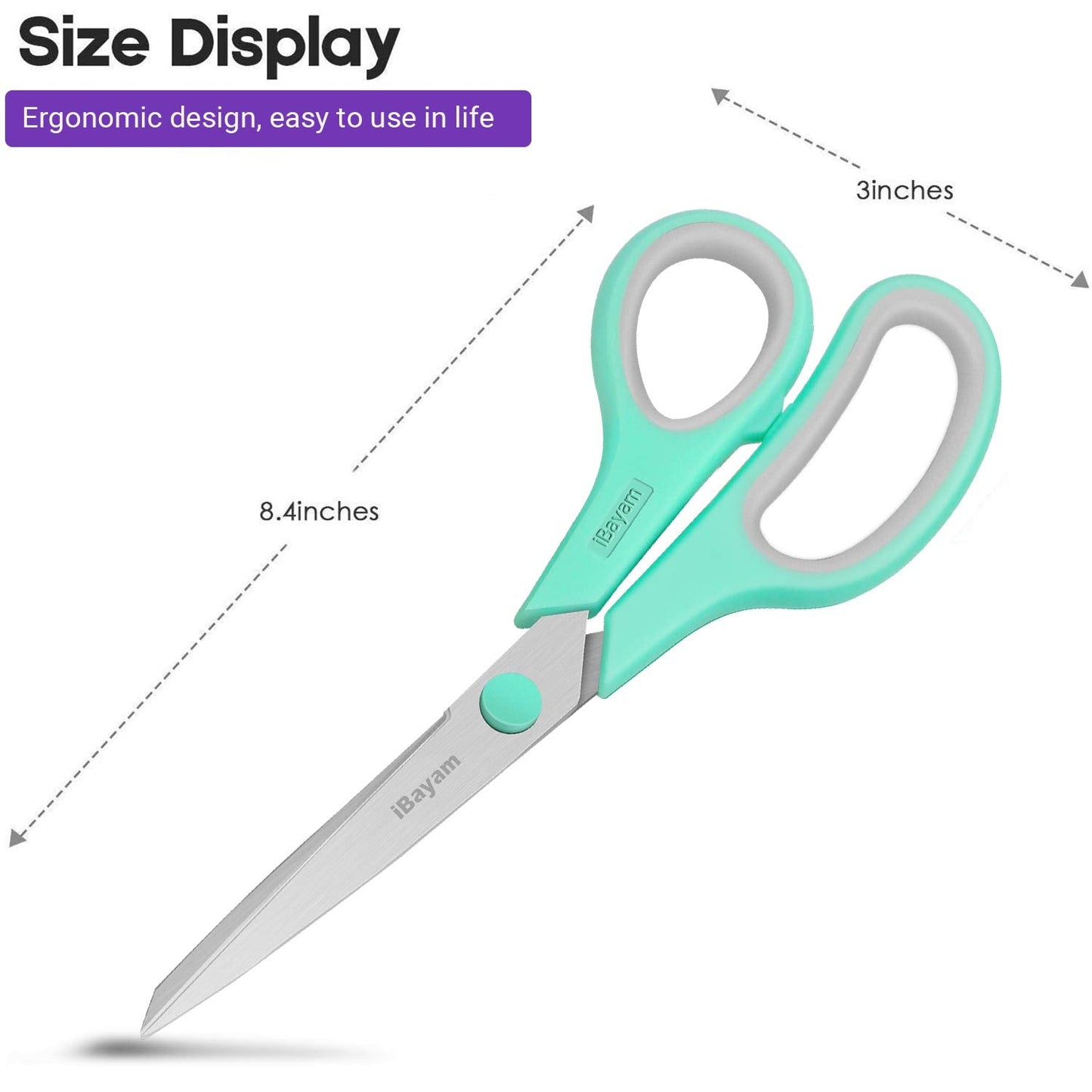 8" Titanium Bonded Multipurpose Scissors 3 Pack with Ultra Sharp Blades, Comfort-Grip Handles, Sturdy for School Home Office Art Craft Sewing Tailor Heavy Duty A Mint Green, Purple Pink, Steel Grey 3-Pack