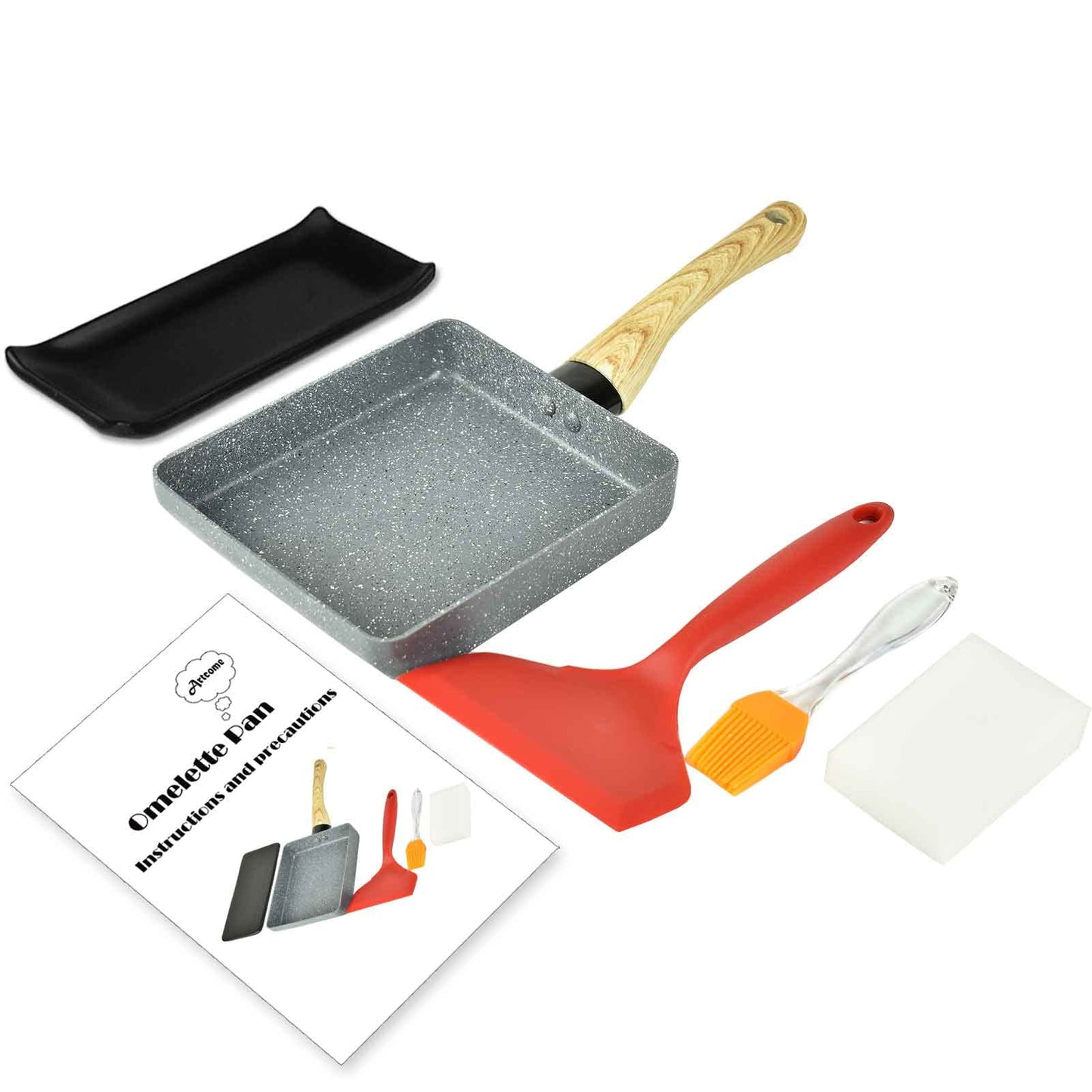 Artcome Japanese Omelette Pan Non-Stick Coating Tamagoyaki Egg Pan Rectangle Mini Frying Pan, with Silicone Spatula & Brush, Black Plate and Magic Sponge Eraser (Gray) Gray