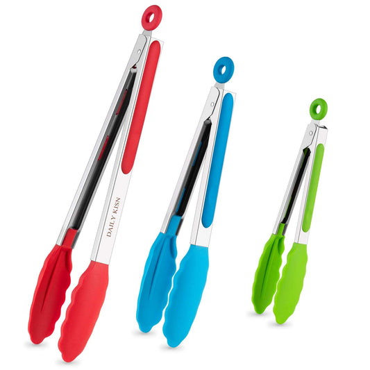 Kitchen Tongs Set of 3, Cooking Tongs with Silicone Tips, Stainless Steel Buffet Tongs, Non-Stick Non-Scratch Heat Resistant Tongs for Grilling Cooking BBQ Salad Serving (Multicolor, 7/9/12 Inch) Rgb, 7/9/12 Inch