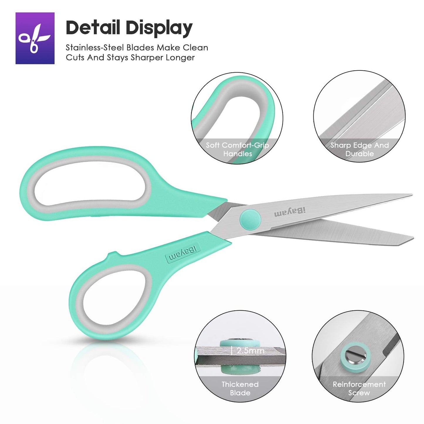 8" Titanium Bonded Multipurpose Scissors 3 Pack with Ultra Sharp Blades, Comfort-Grip Handles, Sturdy for School Home Office Art Craft Sewing Tailor Heavy Duty A Mint Green, Purple Pink, Steel Grey 3-Pack