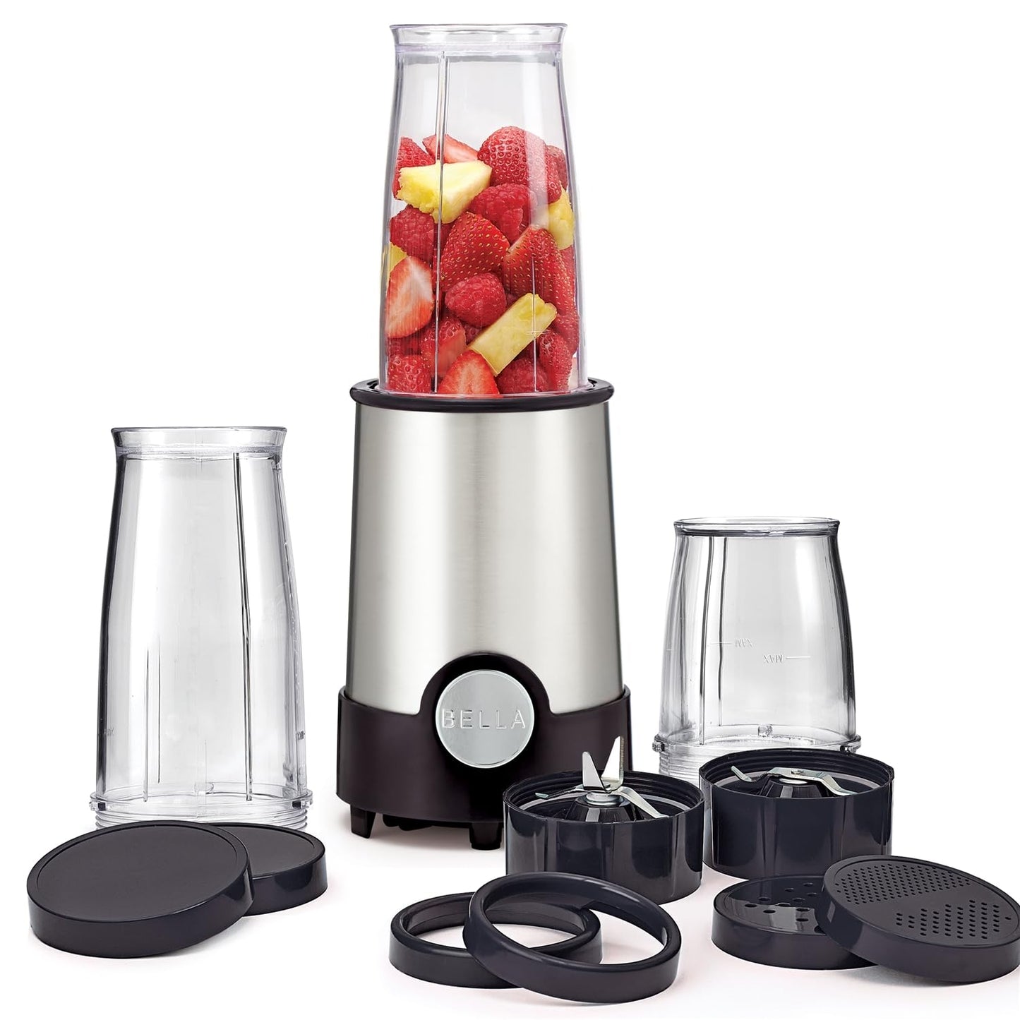 BELLA Personal Size Rocket Blender, Perfect for Smoothies, Shakes and Healthy Drinks, Easy Grinding, Chopping and Food Prep, 285 Watt Power Base, 12 Piece Blending Set, Stainless Steel or Black 12 Piece Rocket Blender Stainless Steel and Black