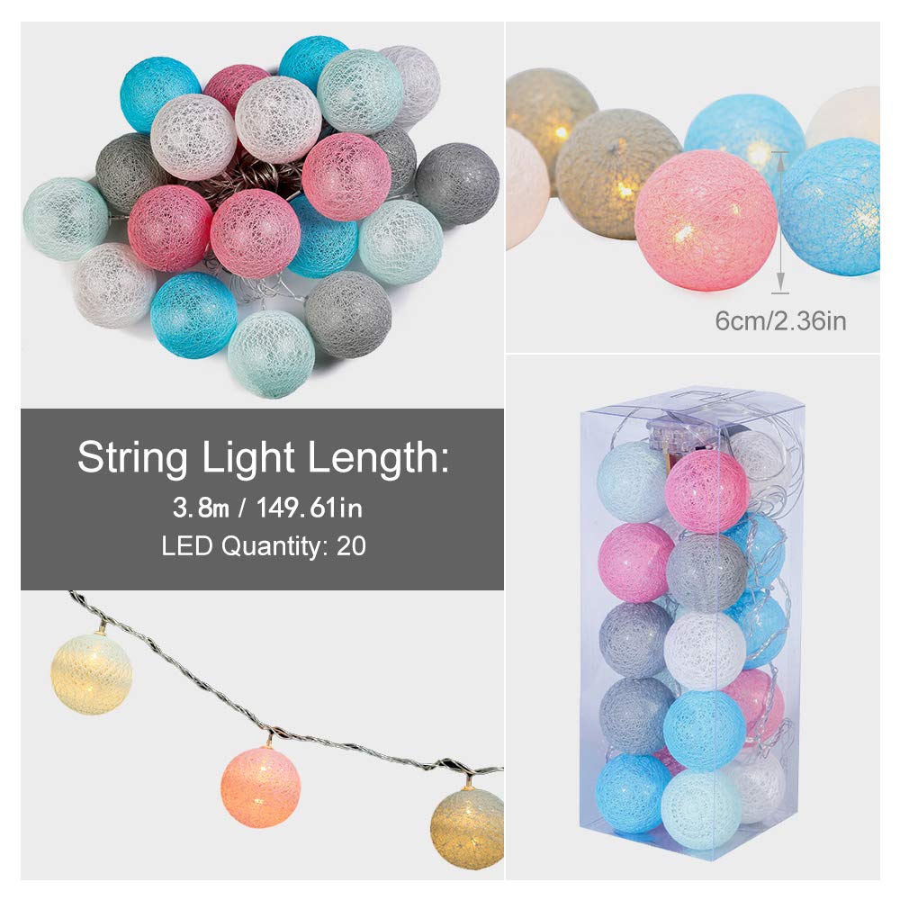 Fairy Lights LED String Lights Plug in Indoor - 3.8M 20 Pcs Cotton Ball String Lights White Xmas Fairy Lights Starry Wall Light Wedding Party Home Christmas Decoration Macaron UK Plug