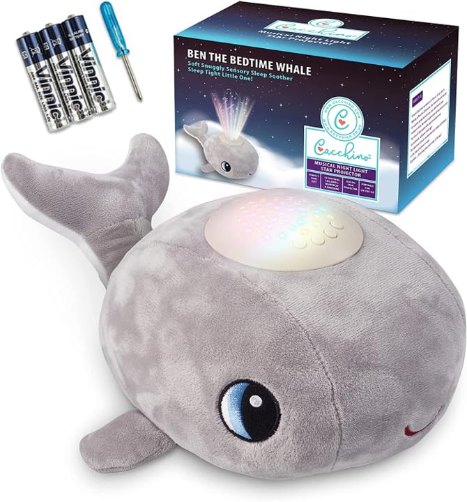 Cacchino’s Ben Baby Sleep Soother and Aid with Musical Baby Night Light Star Projector with Nursery Rhymes and Soothing Sounds, Heartbeat. The Soft Plush Whale is an Ideal Baby Gift. Grey