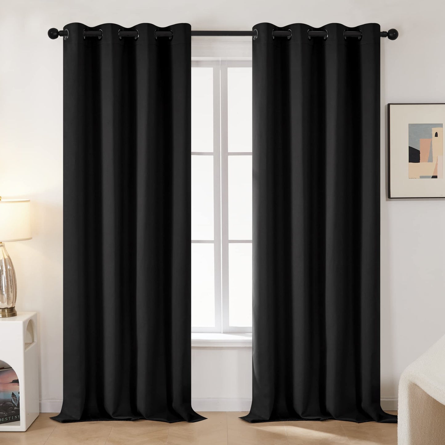 Deconovo Super Soft Thermal Insulated Curtains Eyelet Bedroom Blackout Curtains for Nursery 46 x 90 Drop Inch Black 2 Panels W46 x L90