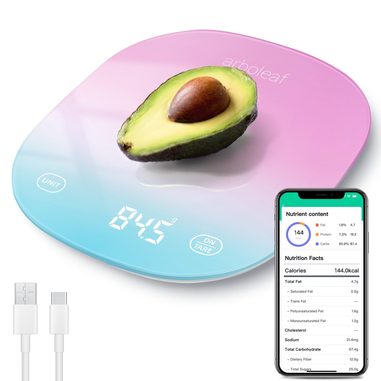 arboleaf Digital Kitchen Scales, Kitchen Scales Rechargeable, Weighing Scales Kitchen, Scales Kitchen with Bluetooth App, LED Display, Tare Function, 10kg/22lb, 0.5g/0.01oz increments, Pink