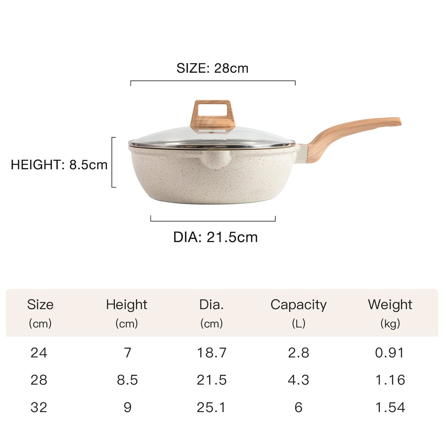 CAROTE Saute Pan with Lid, Non Stick Induction deep Frying pan with Lid for All Hobs, 28cm/4.3 Litre White Granite