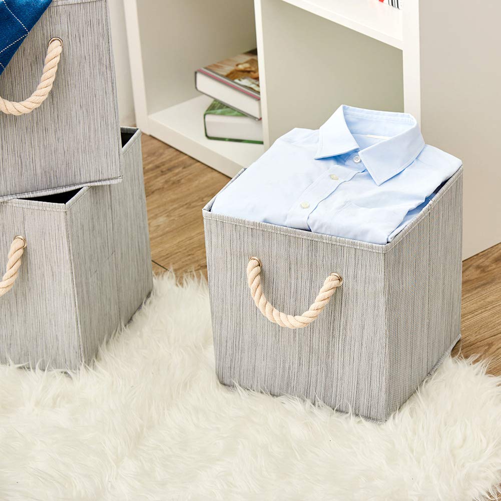 EZOWare Set of 4 Fabric Bamboo Fabric Storage Basket Bins with Cotton Rope Handle, Foldable Organiser Cube Boxes for Nursery Baby Kids Room Toys Home Shelving – 28x28x28 cm/Bamboo Gray Bamboo Gray