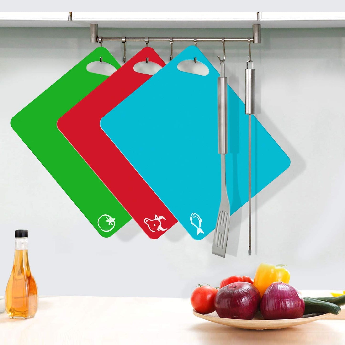 FUKTSYSM Plastic Cutting Board - 6 Pcs Extra Thick Flexible Plastic Chopping Board Mats with Food Icons, 1.3 MM Non Slip Antimicrobial Easy Hanging Boards, Dishwasher Safety