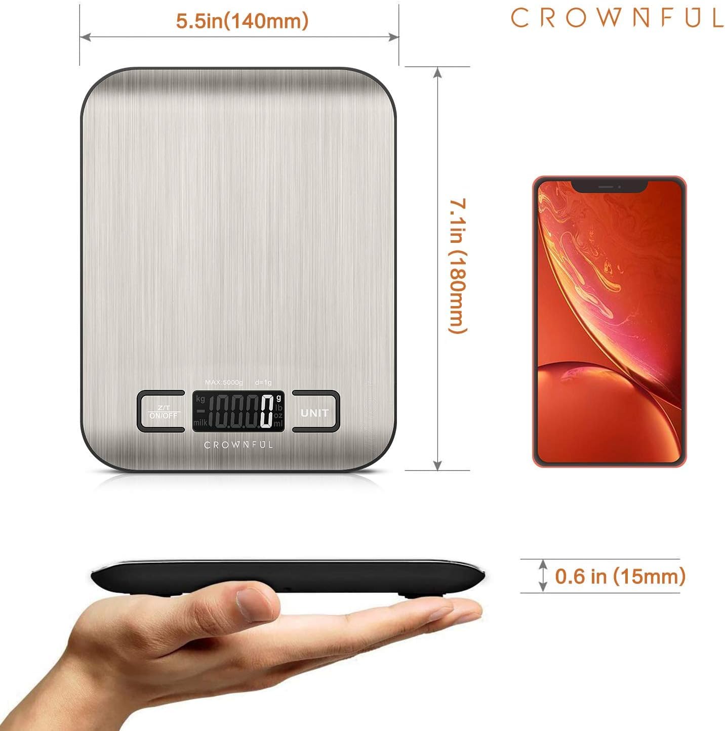 CROWNFUL Food Scale, Digital 11lb Kitchen Scale with Batteries, 5 Units with Tare Function, Weight Grams and Ounces for Cooking and Baking