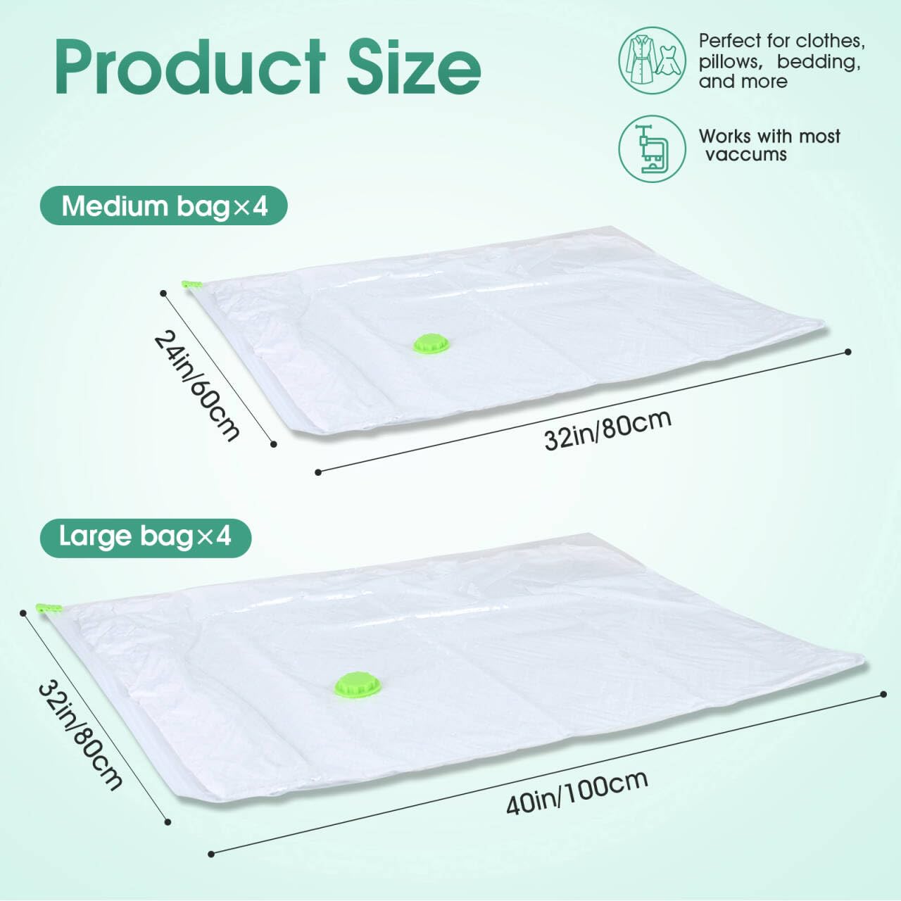 HEAVY DUTY 8 VACUUM STORAGE BAGS by Gorilla Bags. 4 Large (100x80cm), 4 Medium (60x80cm). Double Zip Seal & Unique Turbo Valve Keeps Items Compressed For Longer 4 Large, 4 Medium