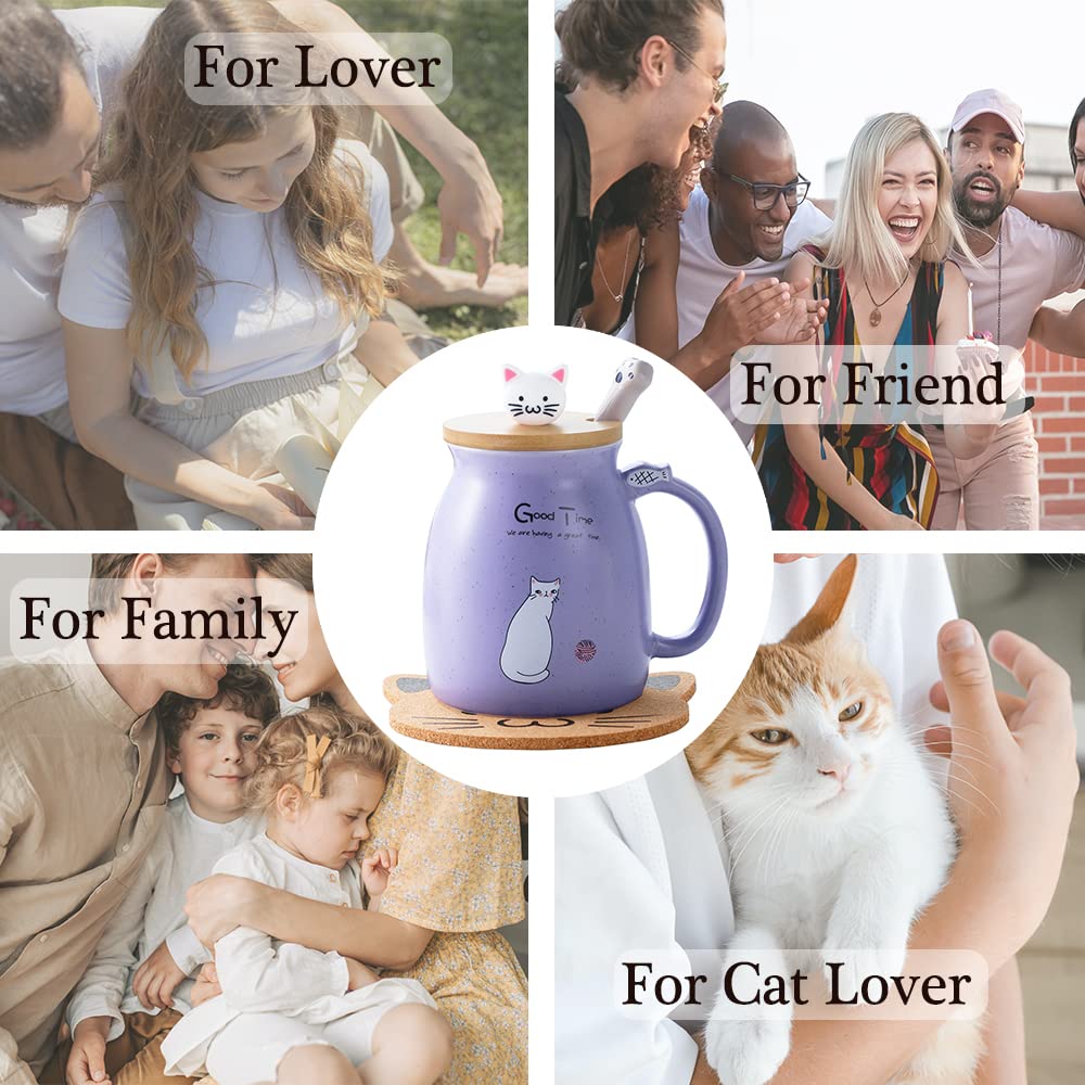 Cat Mug Cute Ceramic Coffee Cup with Lovely Kitty lid Stainless Steel Spoon,Novelty Morning Cup Tea Milk Christmas Mug Gift 380ML (Purple) Purple