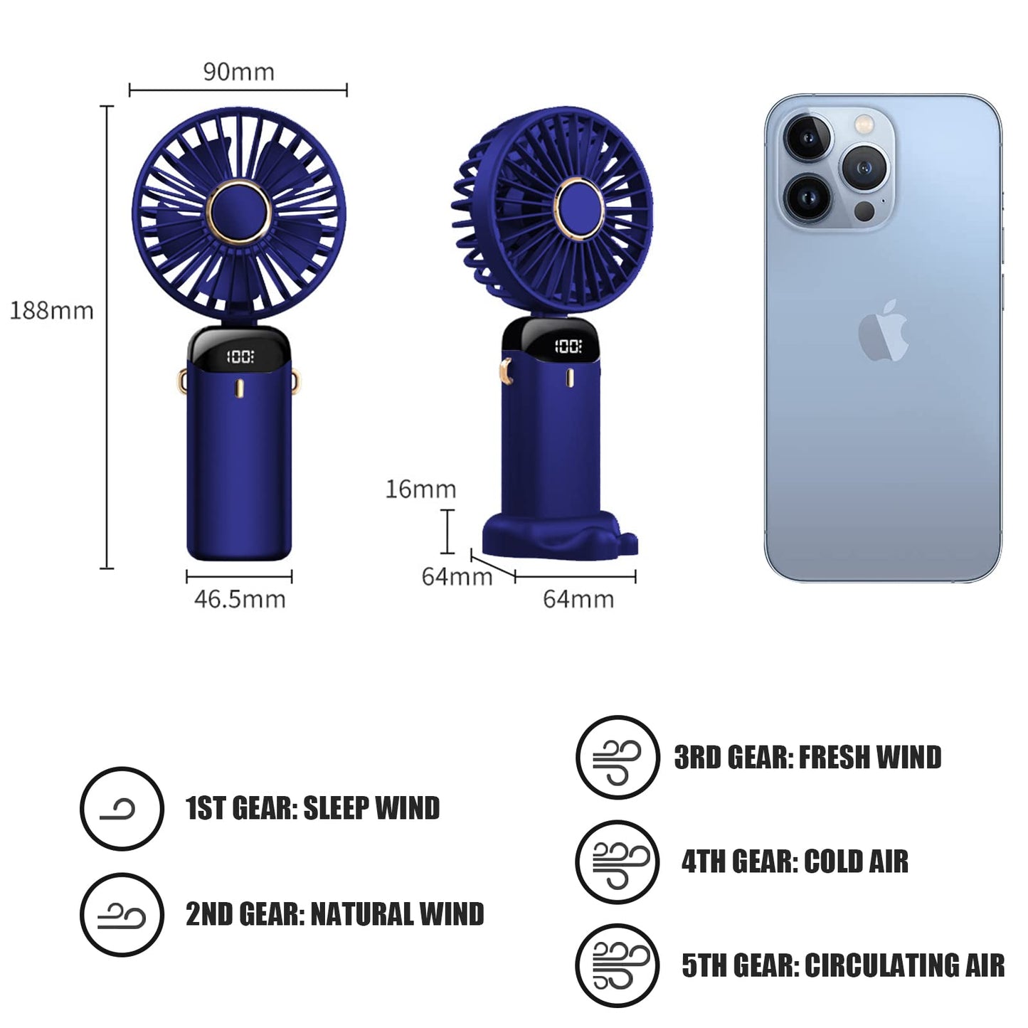 Jsdoin Hand Held Fan,Portable Handheld USB Rechargeable Fans with 5 Speeds,Battery Operated Mini Fan Foldable Desk Desktop Fans with LED Display for Home Office Bedroom Outdoor Travel (DarkBlue) Darkblue