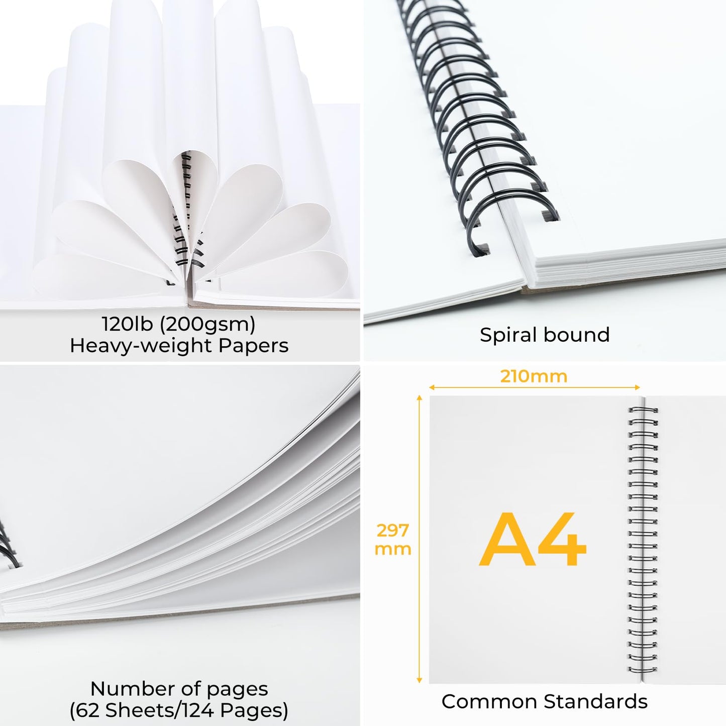 A4 Sketch Book Spiral Bound: Ohuhu Hardcover Sketchbook 62 Sheets/124 Pages 200gsm Heavyweight Papers Durable Acid Free & Non-Faded Drawing Pad for Pencils Markers Charcoal Acrylic Watercolour 11.7" x 8.3"