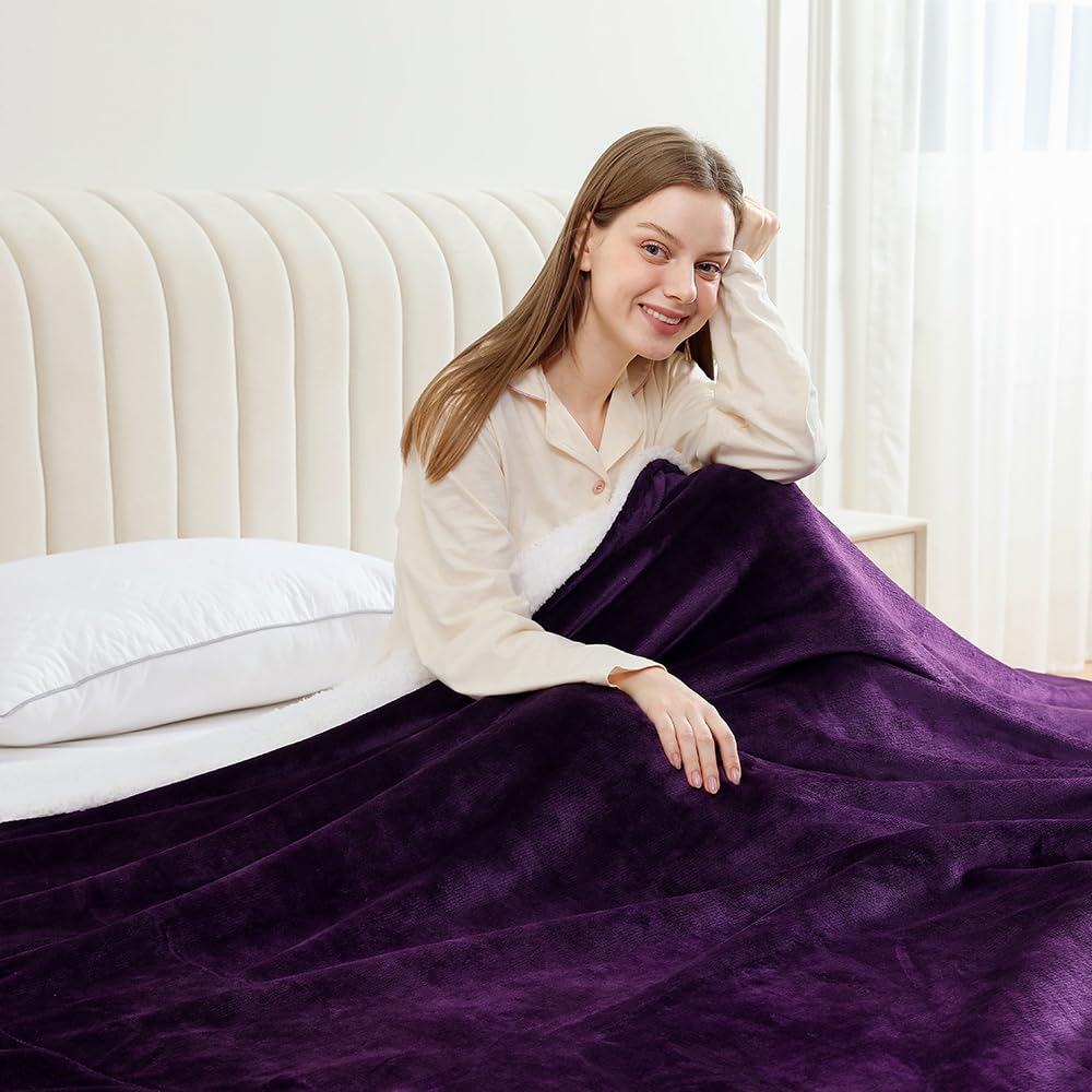 GonZalo GraCia. Dark Purple Sherpa Fleece Blanket 200x240cm Reversible Fluffy Sofa Bed Throw (Dark Purple Sherpa, King 200x240 cm)