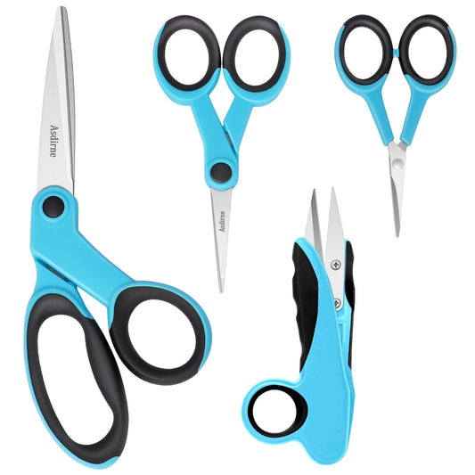 Fabric Scissors, Scissors Set with Sharp Stainless Steel Blade and Soft Handles, Including Sewing Scissors, Craft Scissors, Thread Snipers and Embroidery Scissors, 4PCs, Blue/Black