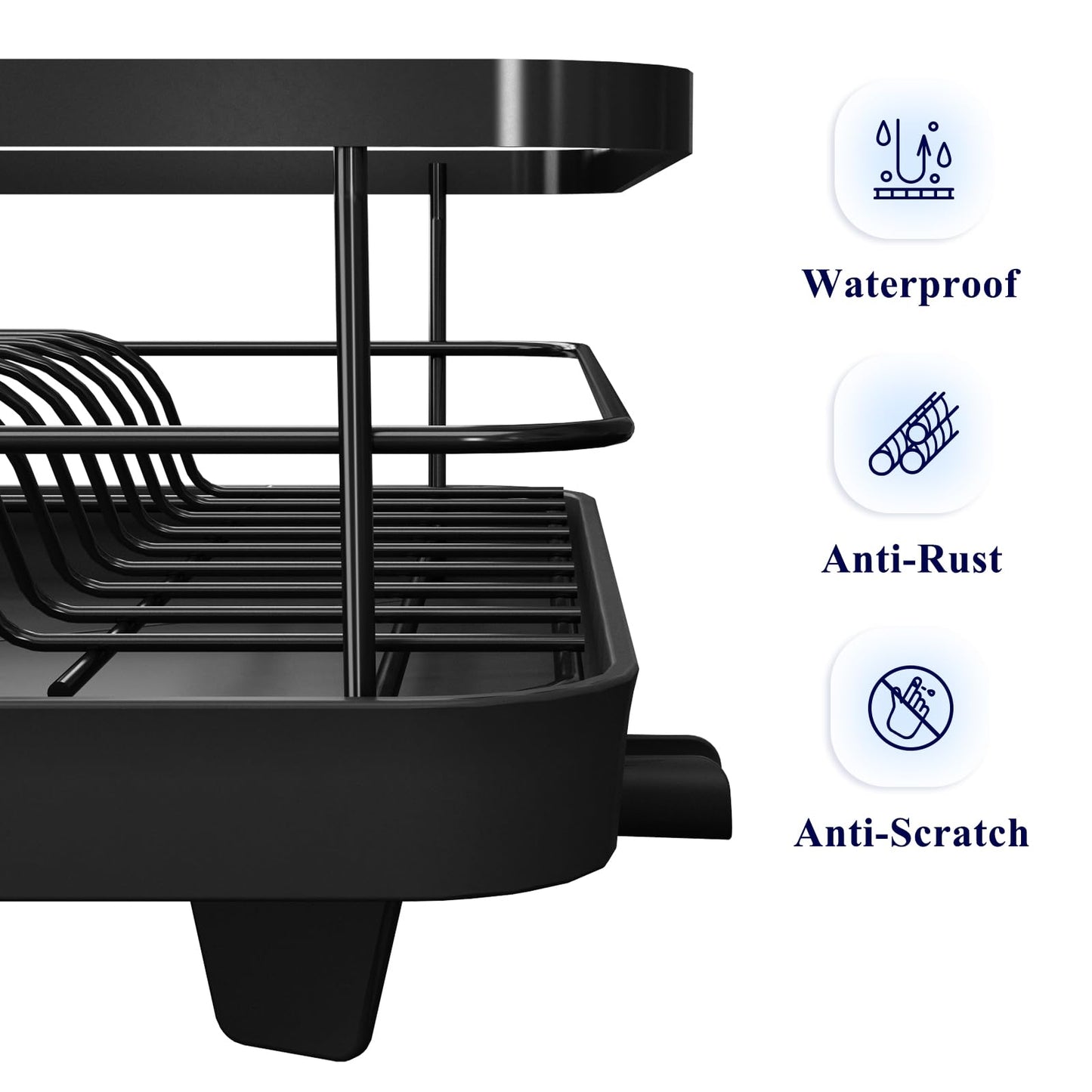 Kitsure Dish Drainer- Space-Saving Dish Drying Rack, Dish Racks for Kitchen Counter, Durable Stainless Steel Kitchen Drying Rack with a Cutlery Holder, Drying Rack for Dishes, Knives, and Forks Black Countertop