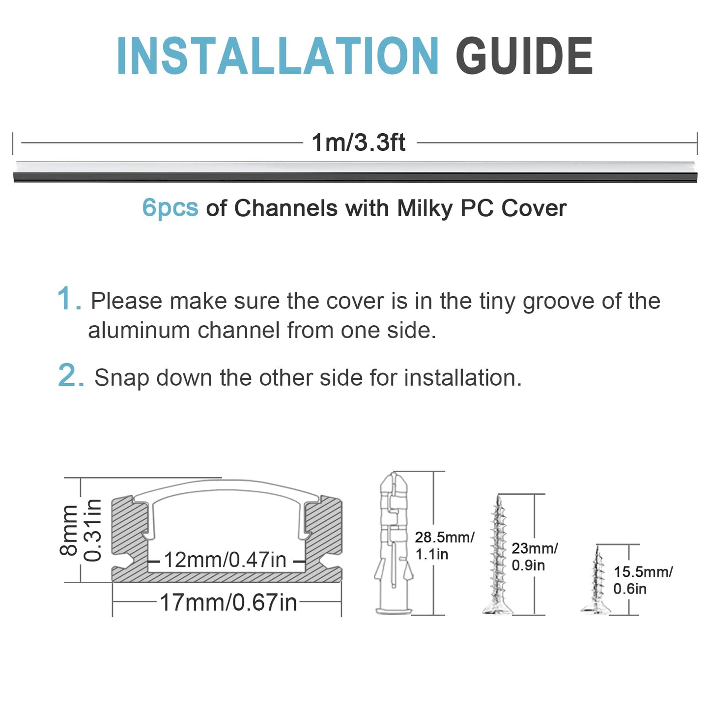 LED Strip Diffuser, LED Aluminum Channel Black U-Shape LED Aluminum Profile with Milky White Cover, End Caps and Mounting Clips Aluminum Extrusion 90 Degrees Connectors for LED Strip Lights 6pcs-u-shape-black+milkywhite