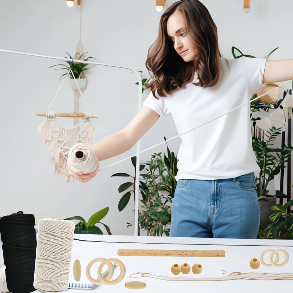 Beginners Macrame Kit for Adults,Featuring 3mm Macrame Cord,Wooden Beads,Rings,Instruction Book.All Accessories You Need to Make Macrame Plant Hanger,Macrame Wall Hanging Adults Craft Kit Beige, Macrame Kit