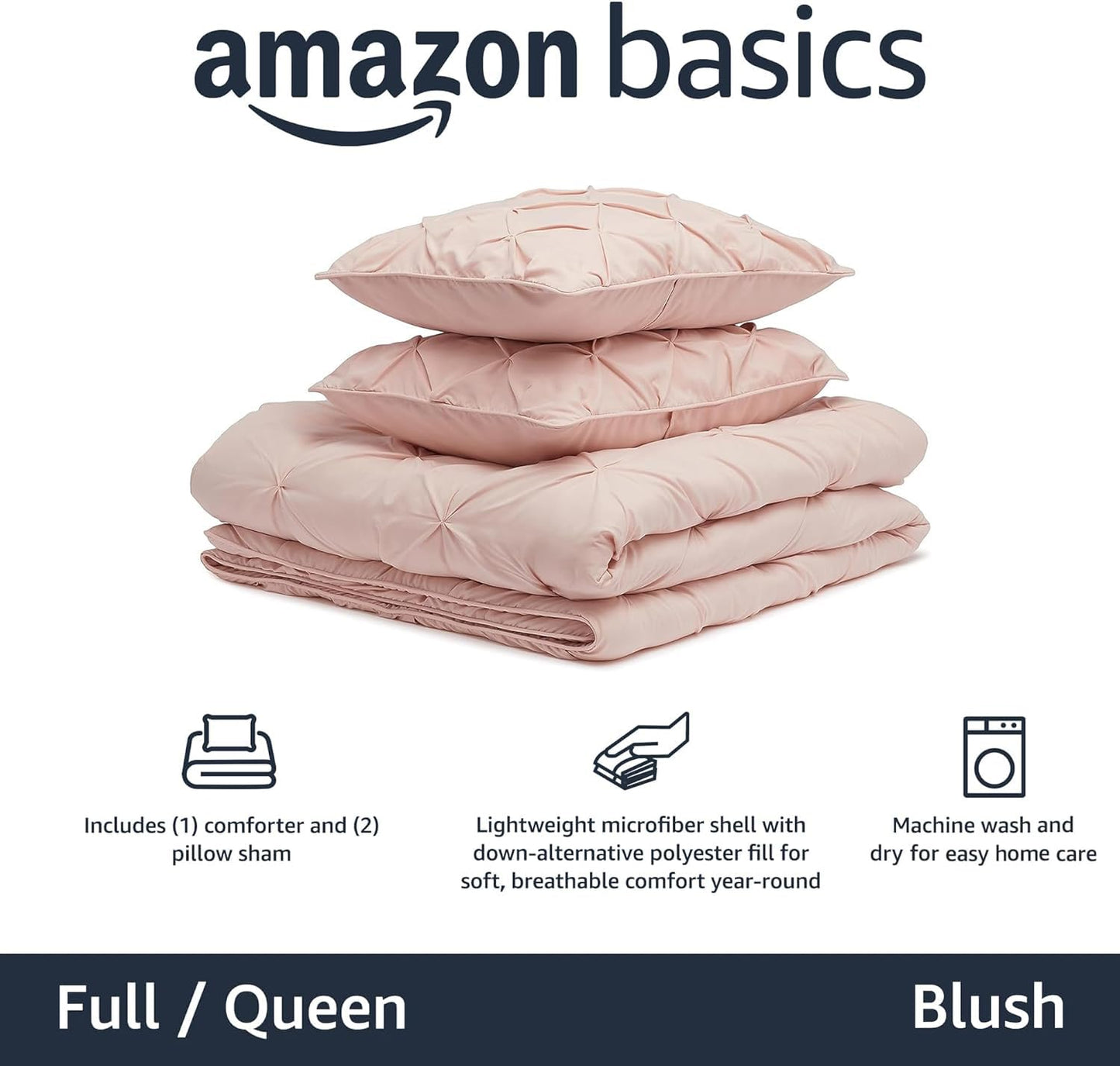 Amazon Basics 3 Piece Down-Alternative Comforter Bedding Set, Full/Queen, Blush, Pinch-Pleat Detailing And Piped Edges