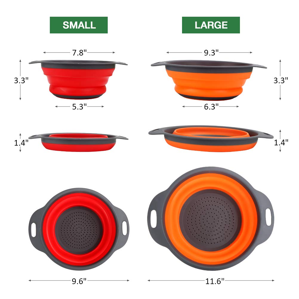 Collapsible Colander Set of 3 - Silicone Kitchen Strainers with Plastic Handles - 4 Quart & 2 Quart Sink Colander for Draining Pasta, Vegetables, Fruits (Green, Orange, Red) Orange+green+red 4qt(2pcs)+2qt(1pc)