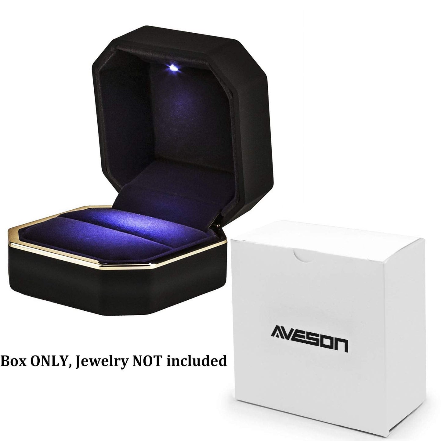 AVESON Luxury Ring Box, Square Velvet Wedding Ring Case Jewelry Gift Box with LED Light for Proposal Engagement Wedding, Black