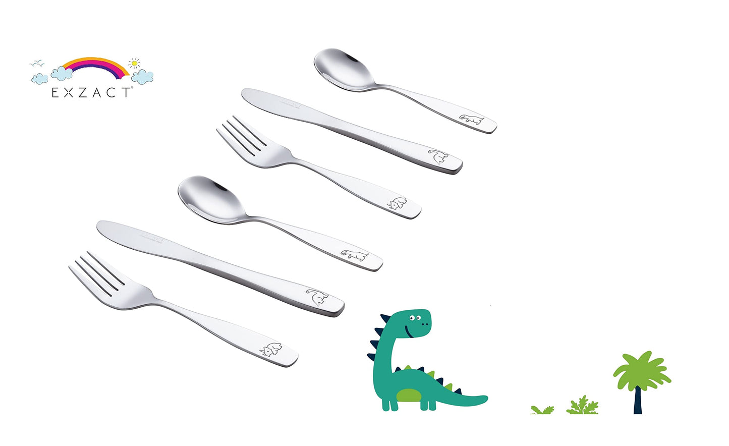 Exzact Children's Cutlery Stainless Steel 6pcs Set/Kids Cutlery/Toddler - Dishwasher Safe - 2 x Forks, 2 x Safe Dinner Knives, 2 x Table Spoons - Engraved Design - Dinosaurs Dino X 6