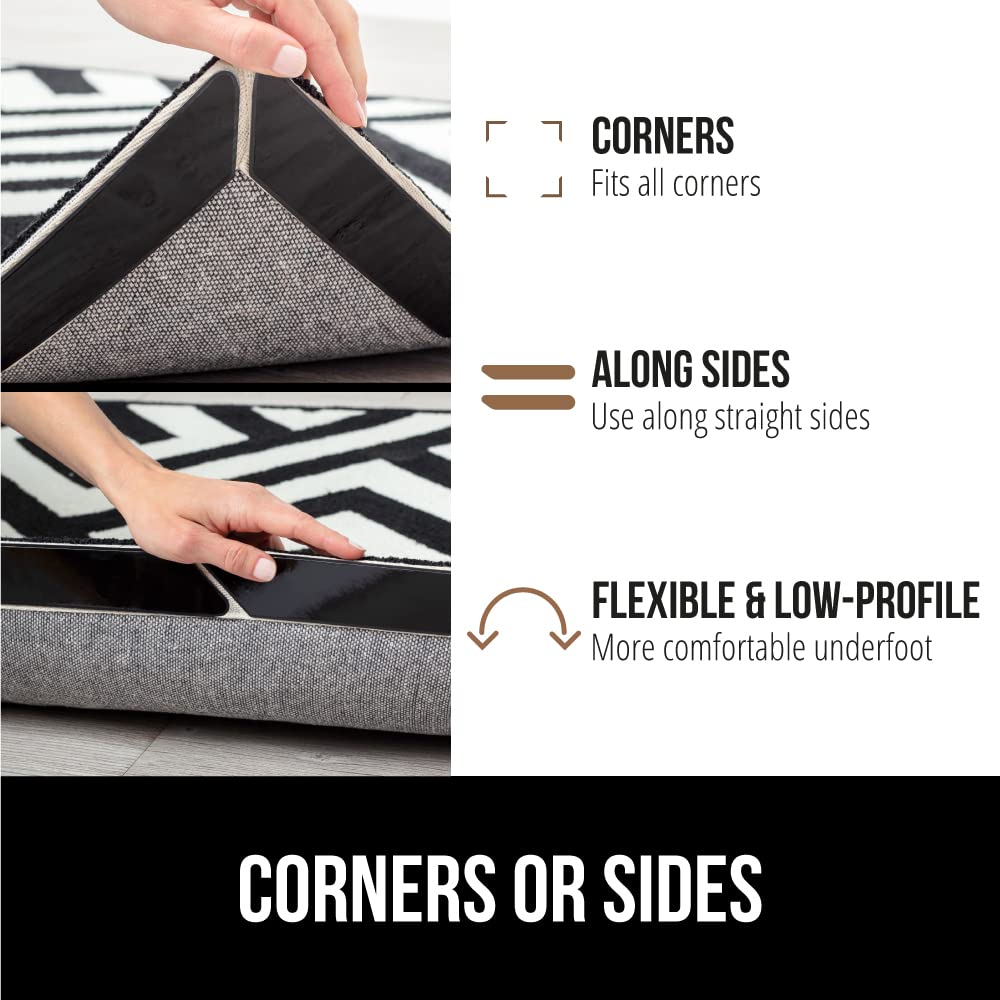 Gorilla Grip Premium Rug Corner Grippers, 8 Piece, Reusable Gripper Corners Fit Seamlessly to Edge of Rugs, Long Lasting Tape Pads Help Stop Curl on Carpet Rugs, Safe for Hard Wood Floors, Black