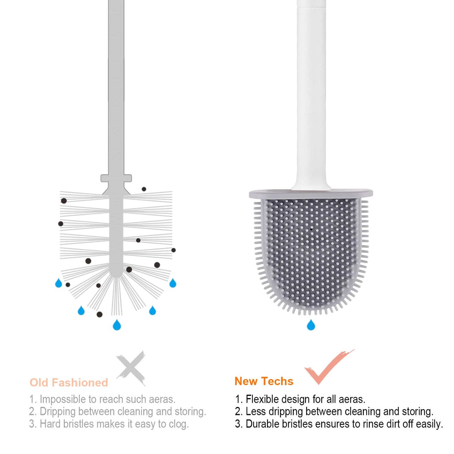 Ibergrif M34151-3 Toilet Brushes & Holders, Deep Cleaner Silicone Toilet Brush, Flat Toilet Brush with Long Handle, Quick Drying Loo Brush and Holder for Bathroom, Base Flooring/Wall Mounted, White style 3 Single