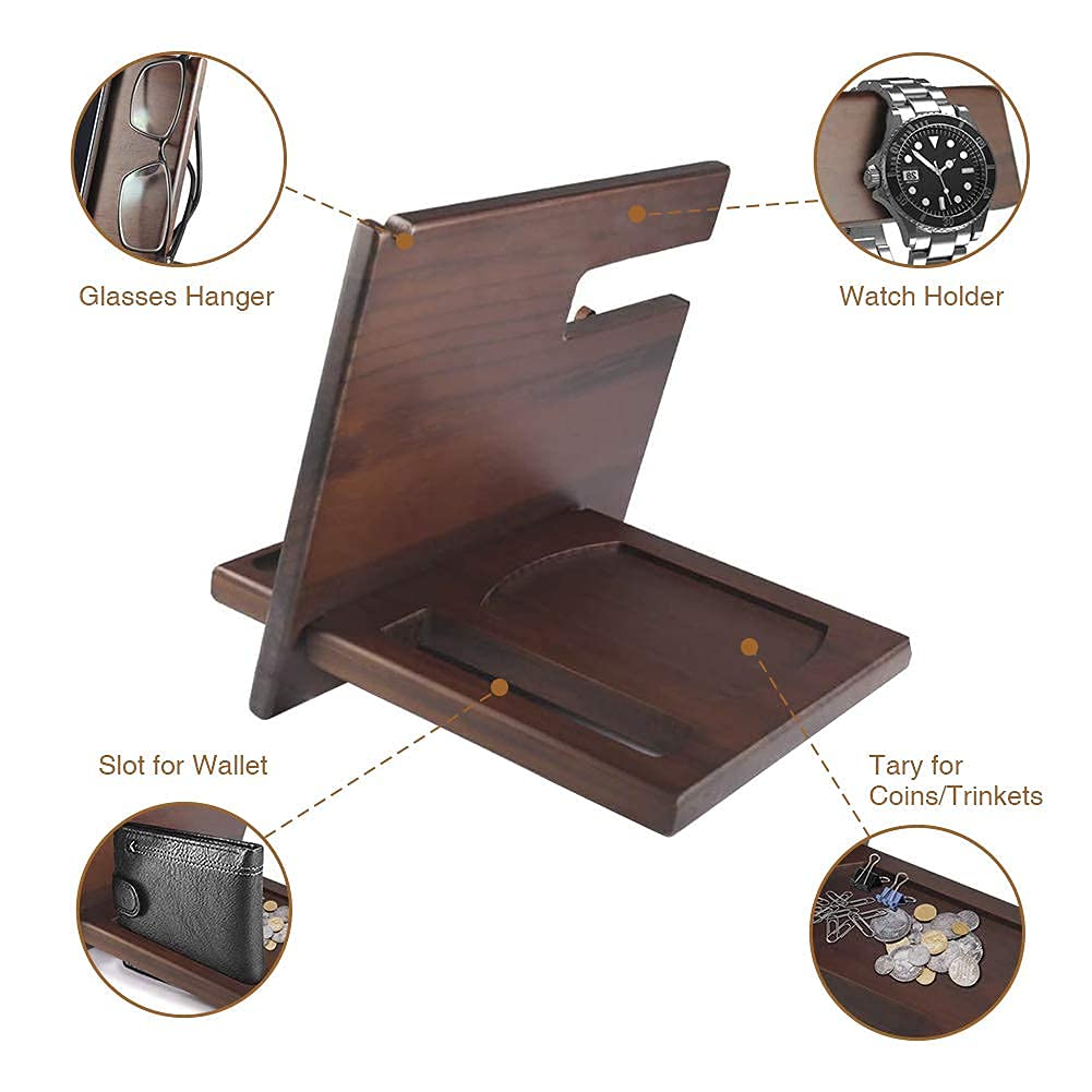 Gifts for Men Bedside Organiser for Him Birthday Gifts for Him Wooden Docking Station for Men Key Wallet Watch Wooden Organizer Gifts for Dad Anniversary Idea Valentines Gifts for Him Husband Wife Brown-1