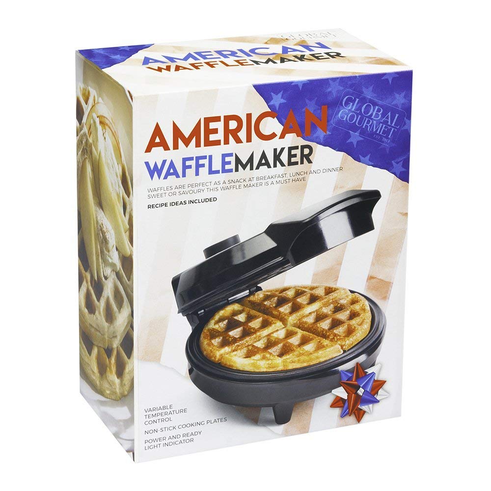 GLOBAL GOURMET – FULL SIZE American Waffle Maker Iron Machine 700W I Electric I Stainless Steel Mould I Non-Stick Coating I Recipes I Deep Cooking Plates I Adjustable Temperature Control - Black Round Waffle Maker