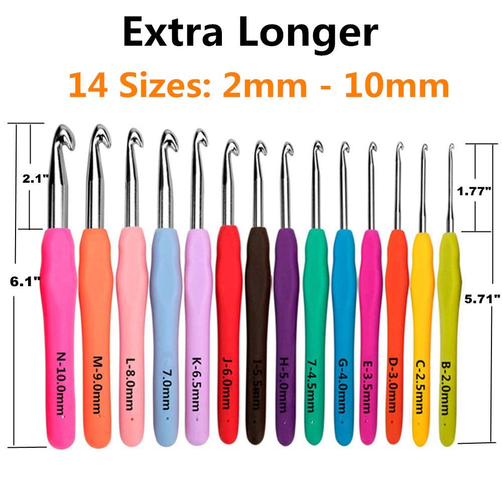 14 Pcs Crochet Hooks Set,Ergonomic Crochet Hooks with Case for Arthritic Hands,Size 2mm to 10mm 14 Size