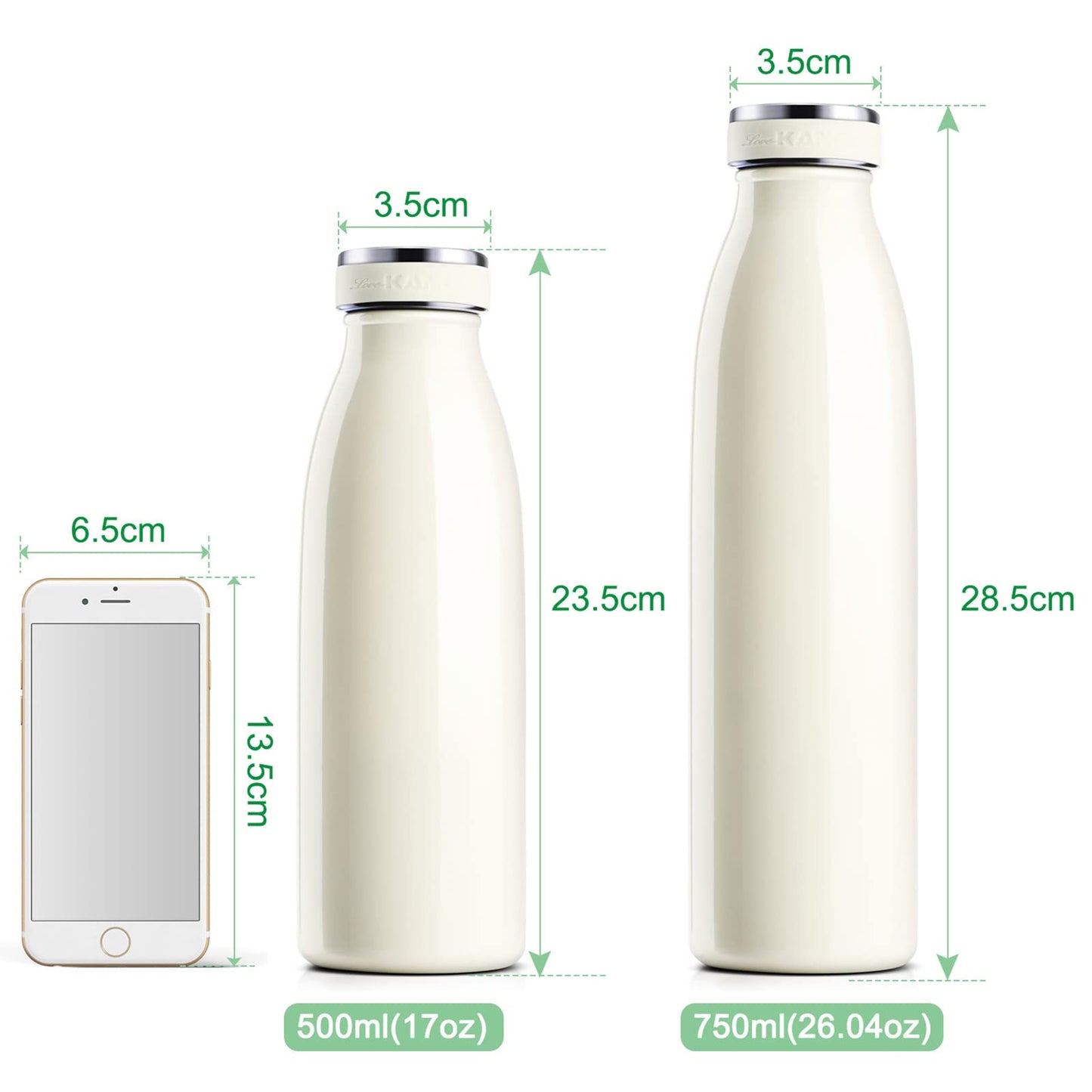 Love-KANKEI Water Bottle Vacuum Insulated Bottle 500ml/24hrs Cold - Stainless Steel Double Walled and BPA Free - 12hrs Hot Drinks Water Coffee Milk White Thermal Flask Travel Flask Ivory