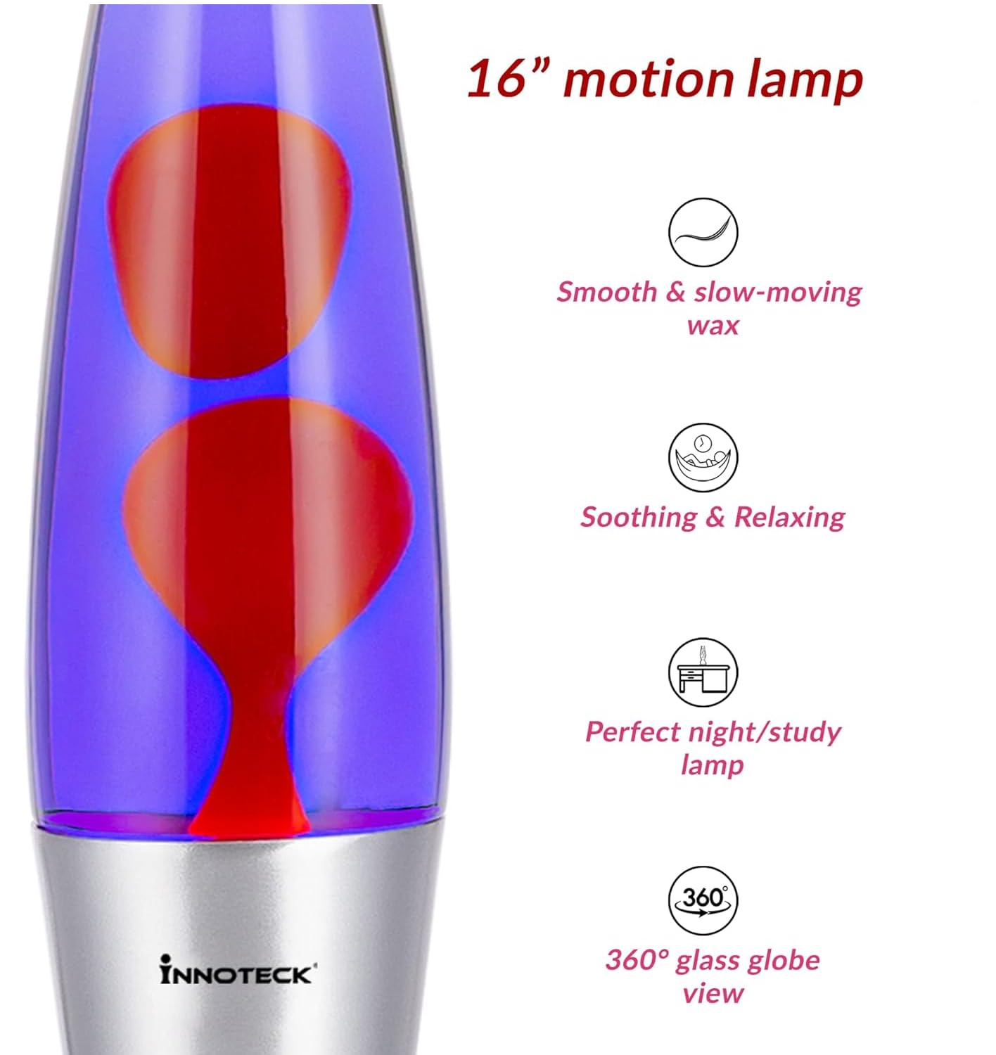 Innoteck 16” Soothing Motion Magma Lamp for Relaxation – Pink Wax/Purple Liquid, 30 W Pink Wax / Purple Liquid