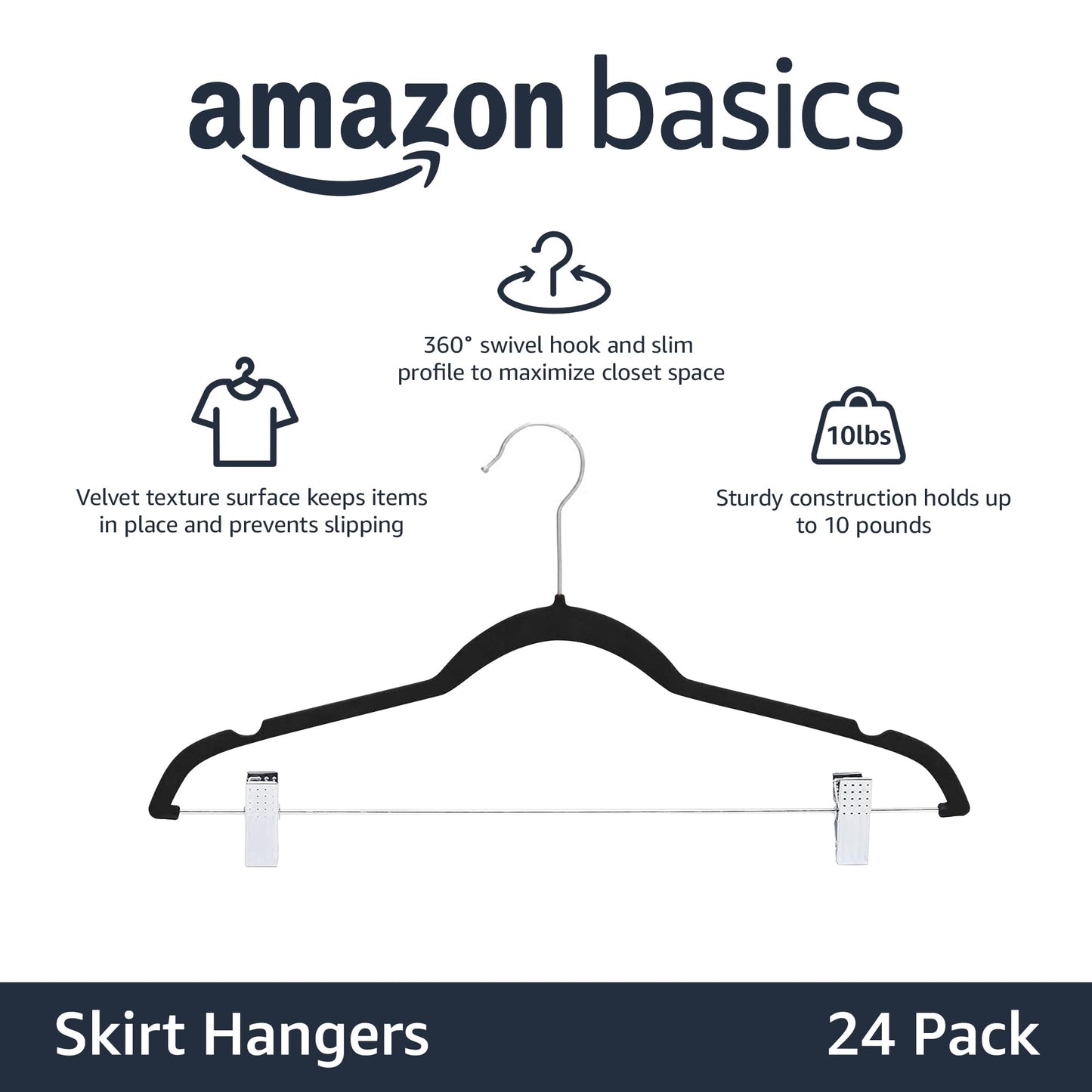 Amazon Basics Velvet Skirt Hangers with Clips, Pack of 24, Black 24-Pack