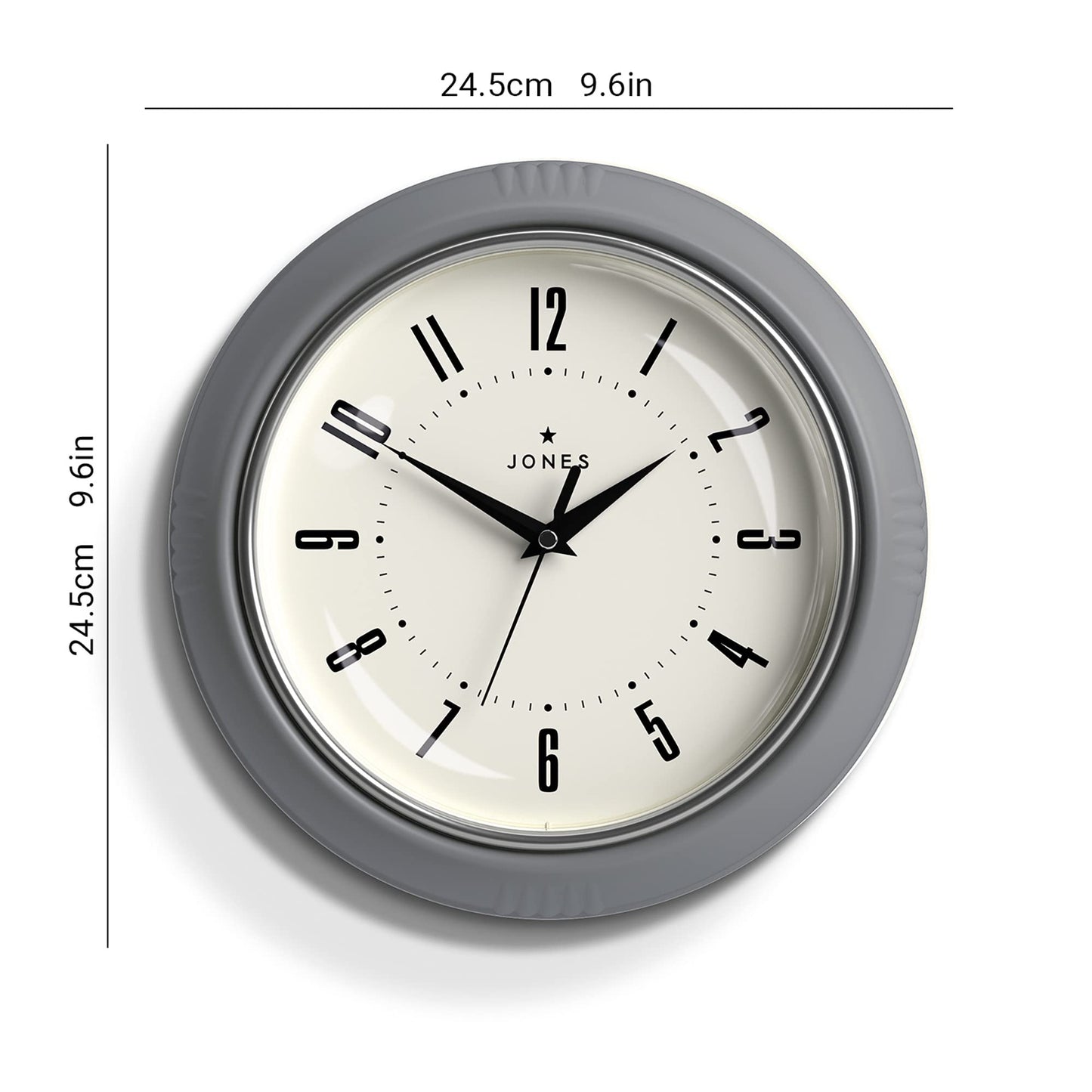 Jones Clocks® Ketchup Clock – Retro Wall Clock. Round clock with easy-to-read numbers for kitchen clock, office clock, living room clock. Size: Small clock, 25cm. Colour: Grey clock.