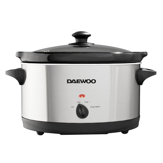 Daewoo SDA1788 6.5L Slow Cooker | Stainless Steel | 3 Heat Settings | Dishwasher Safe Pot & Lid | Power Indicator | Useful Carry Handles | Raised Feet | Manual Temperature Control | 300W, Grey