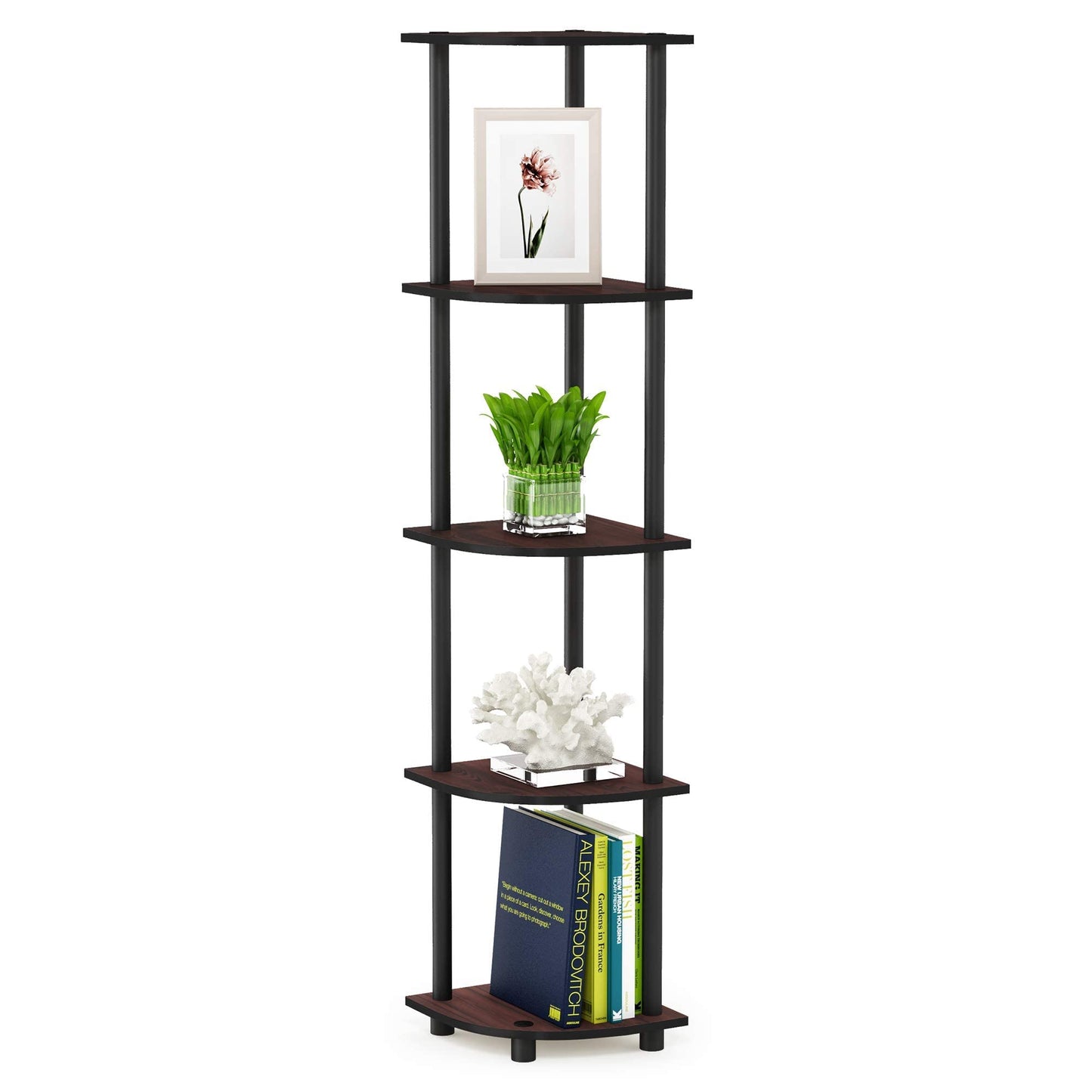 Furinno Turn-N-Tube 5 Tier Corner Display Rack Multipurpose Shelving Unit, Dark Cherry/Black 5-Tier