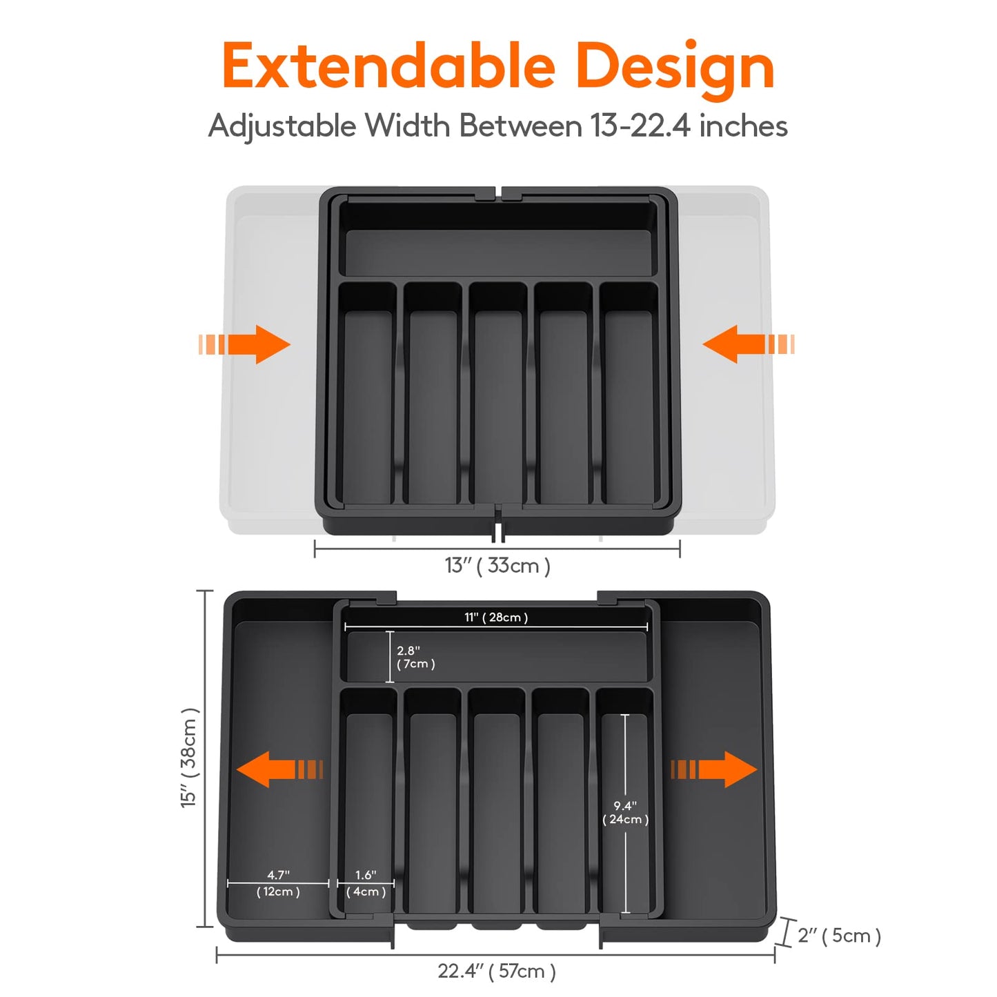 Lifewit Cutlery Drawer Organiser, Expandable Utensil Tray for Kitchen, Adjustable Silverware and Flatware Holder, Compact Plastic Storage for Spoons Forks Knives, Large, Black