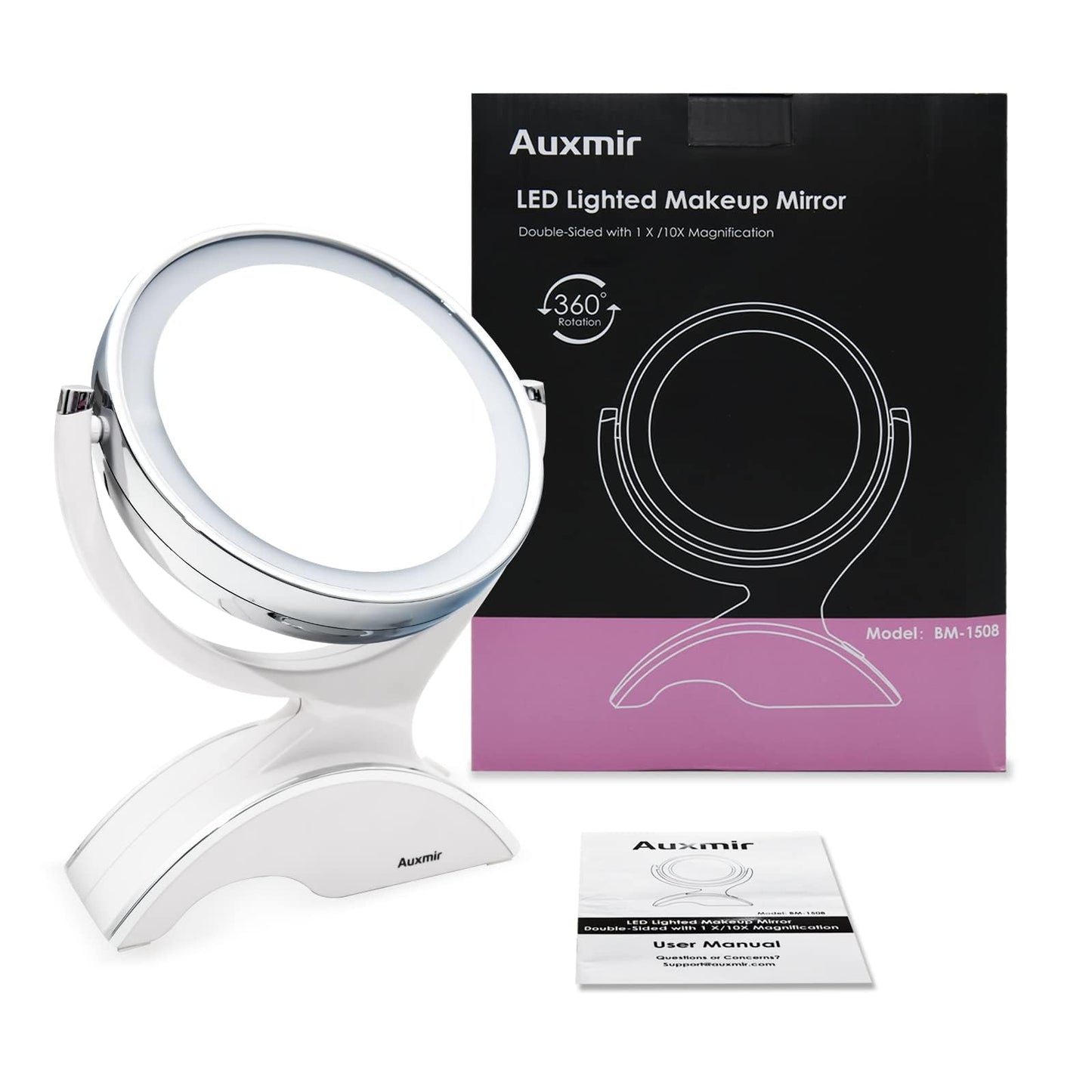 Auxmir 1X / 10X Magnifying Makeup Mirror With Light, Double Sided Rechargeable Mirror with Adjustable Brightness, 360° Rotation Cosmetic Mirror for Dressing Table, Bathroom, Bedroom